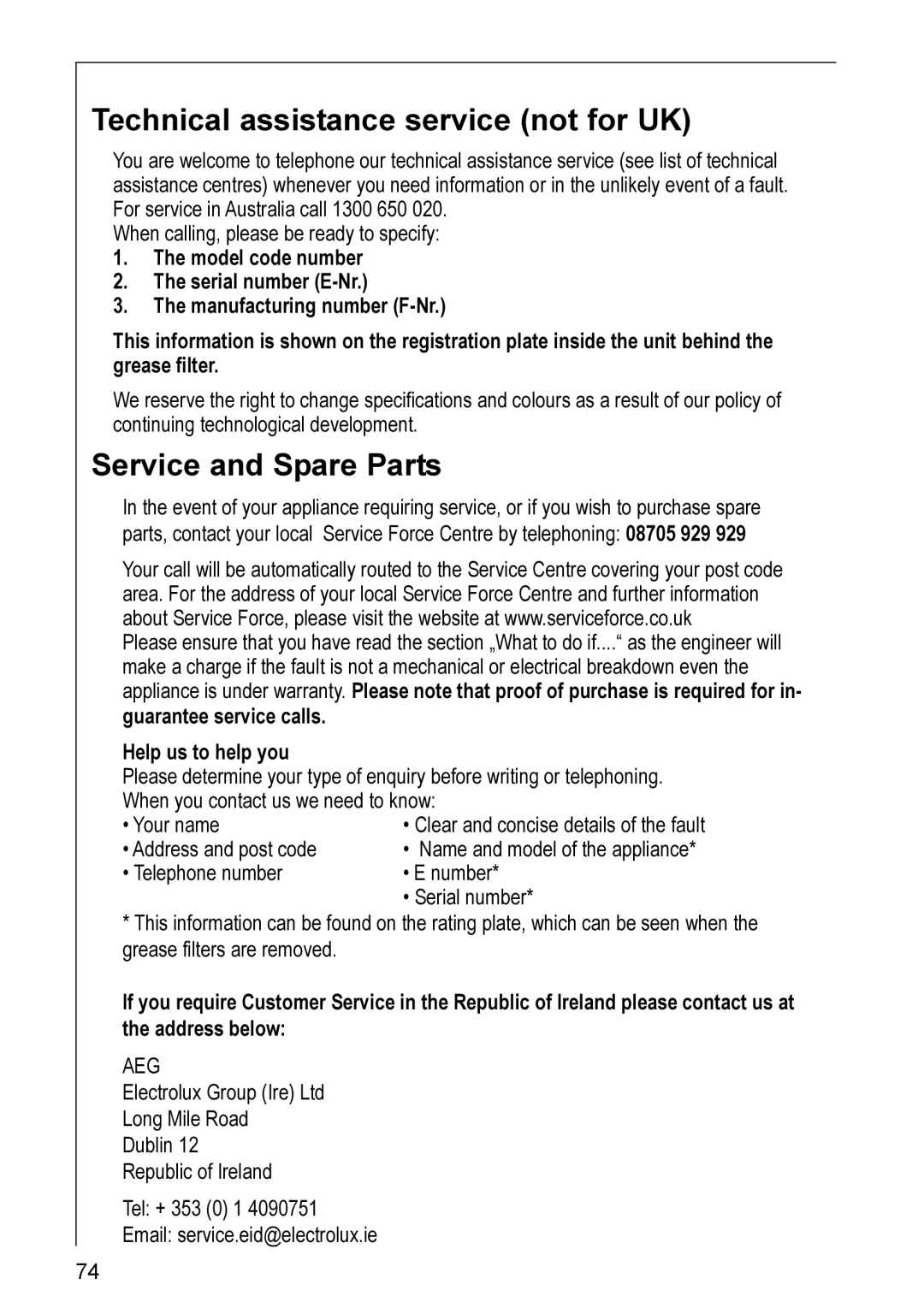 AEG DD 8861, DD 8990, DD 8695, DD 8665, DD 8891, DD 8821 Technical assistance service not for UK, Service and Spare Parts 