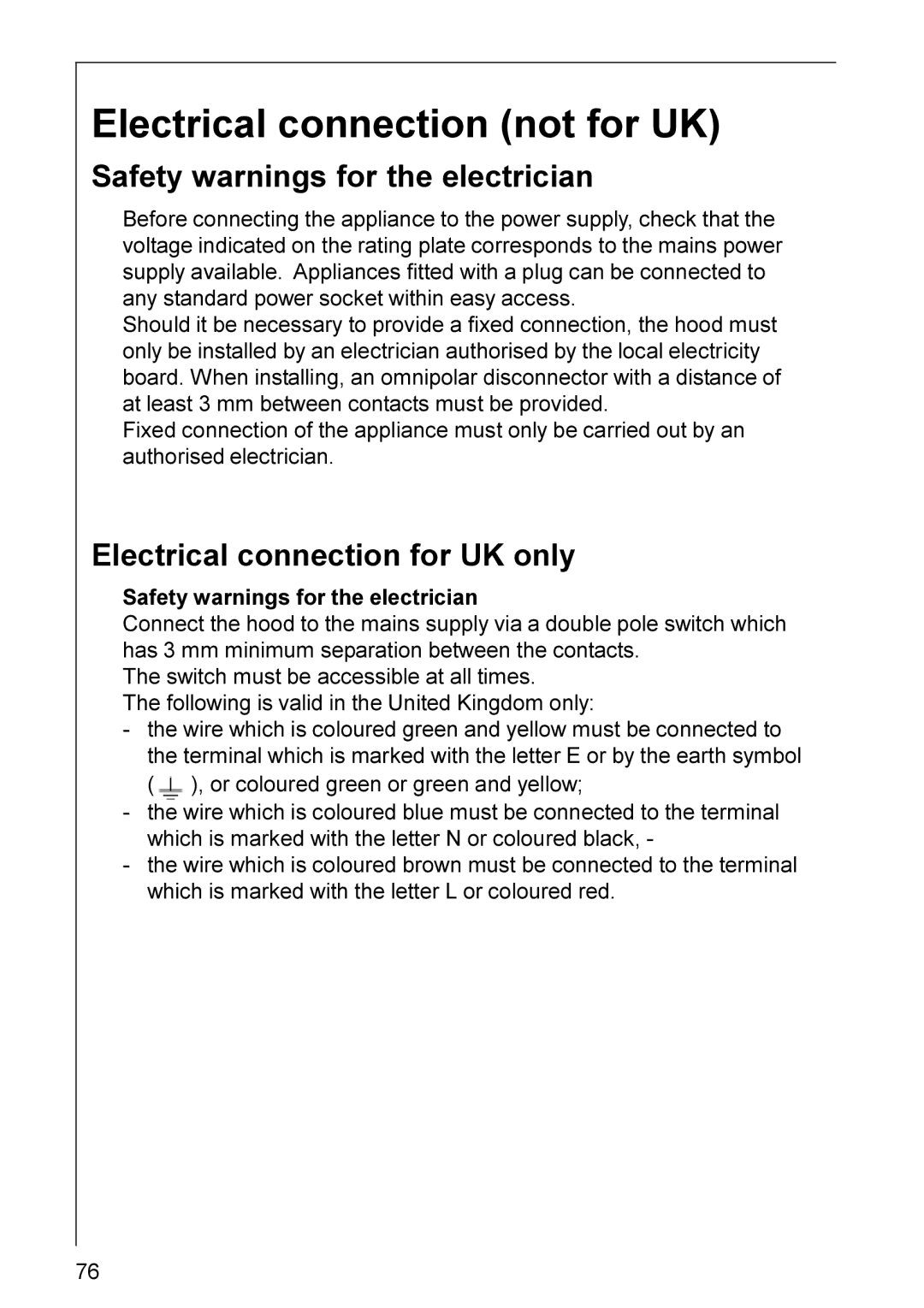 AEG DD 8665 Electrical connection not for UK, Safety warnings for the electrician, Electrical connection for UK only 