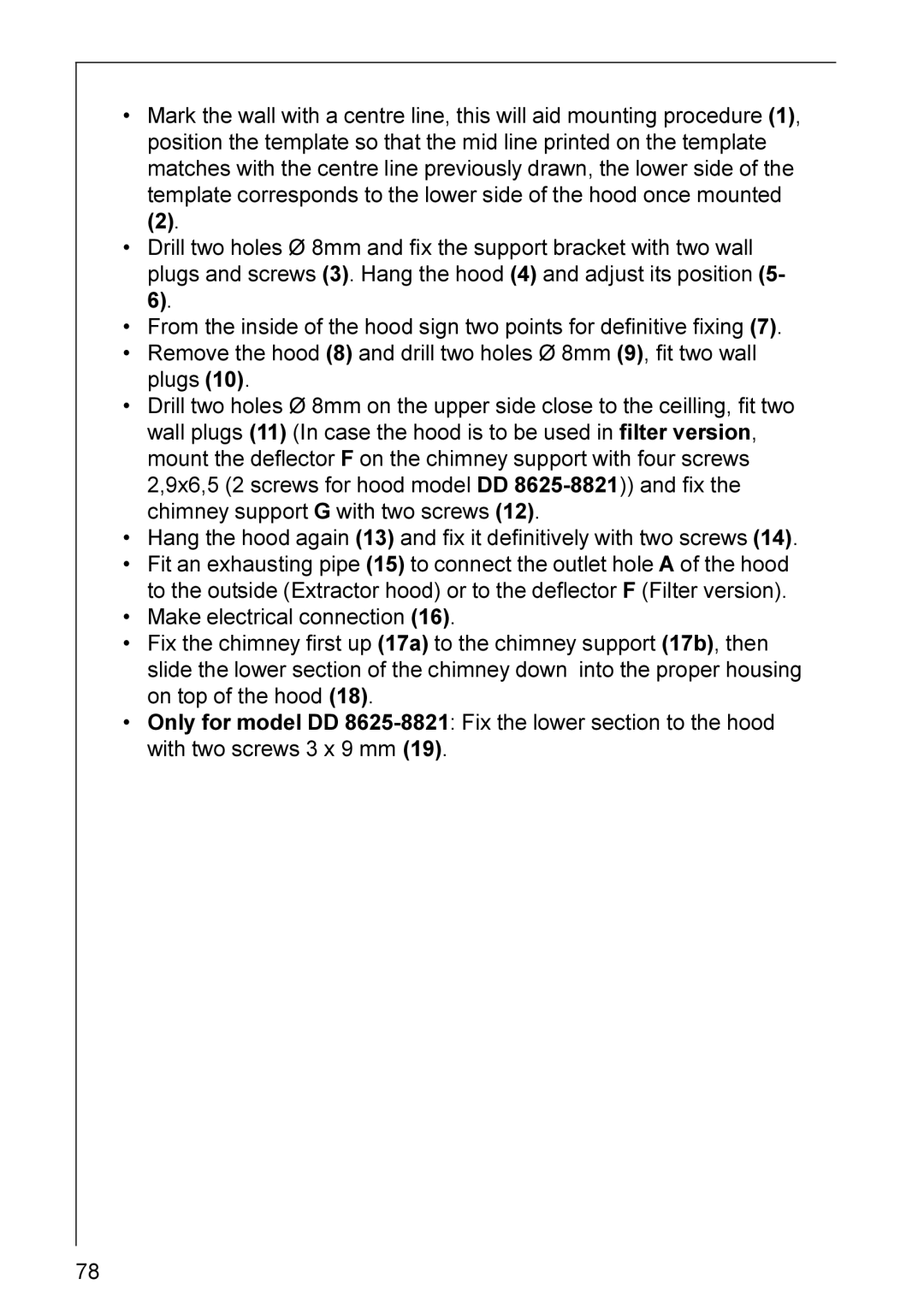 AEG DD 8821, DD 8990, DD 8861, DD 8695, DD 8665, DD 8891, DD 8625 installation instructions 