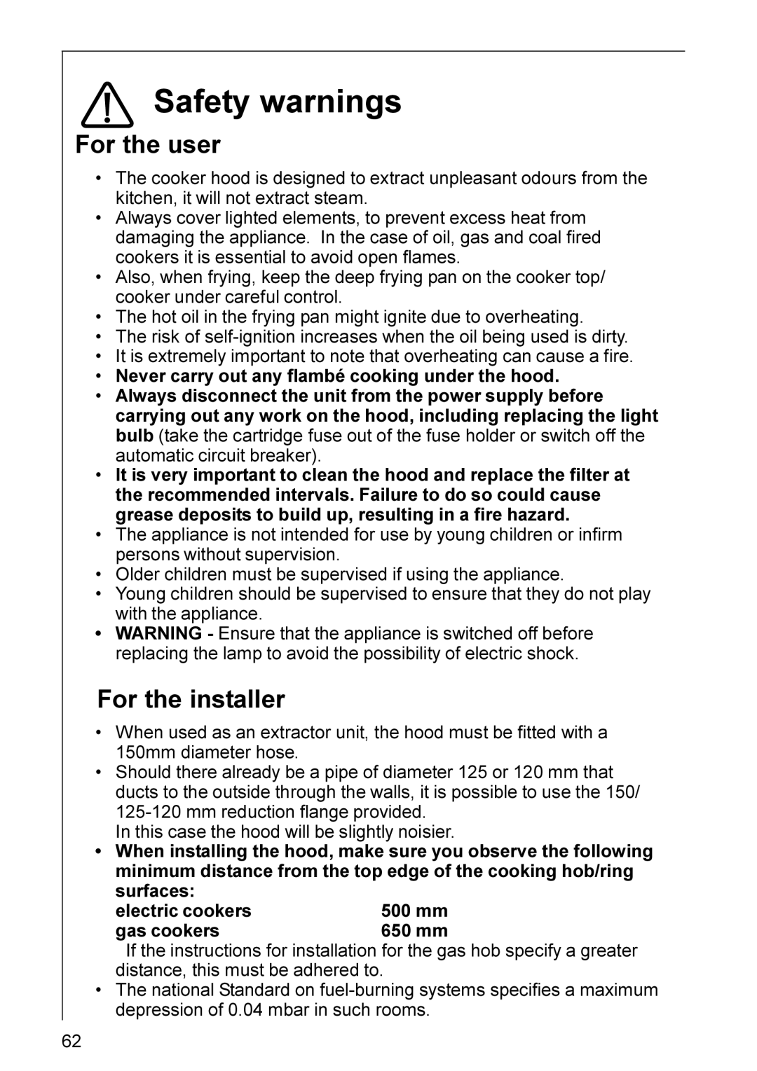 AEG DD 8665, DD 8990, DD 8861, DD 8695, DD 8891, DD 8821, DD 8625 Safety warnings, For the user, For the installer 