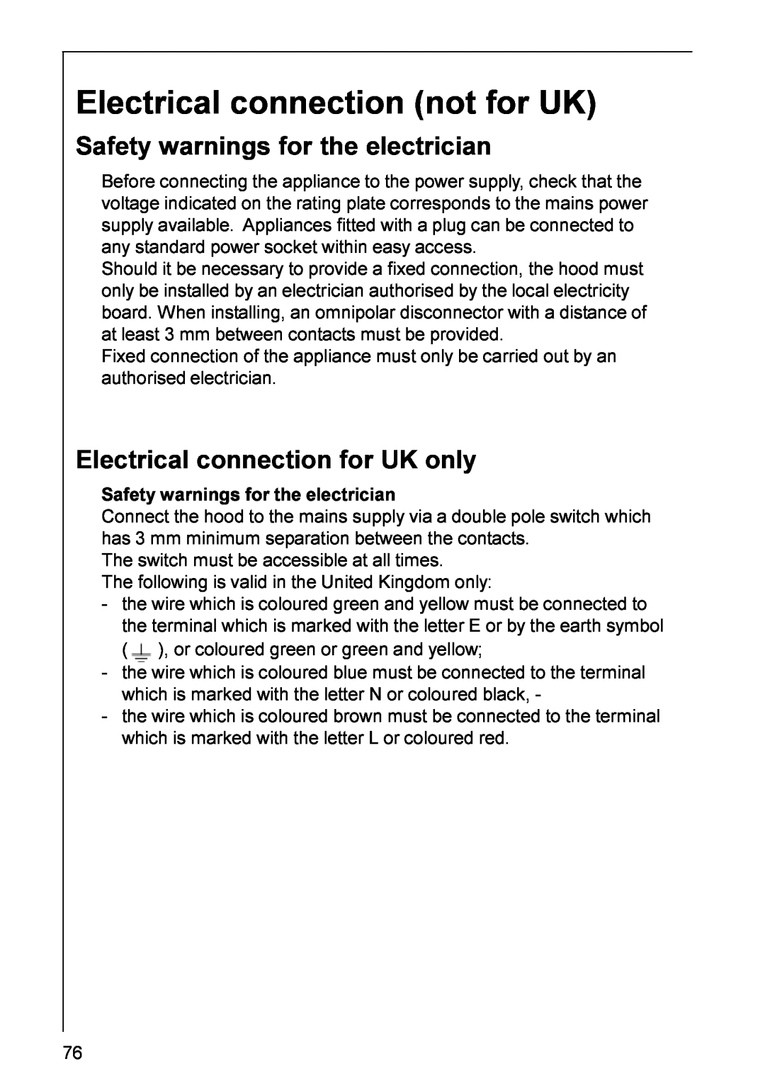 AEG DD 8665 Electrical connection not for UK, Safety warnings for the electrician, Electrical connection for UK only 
