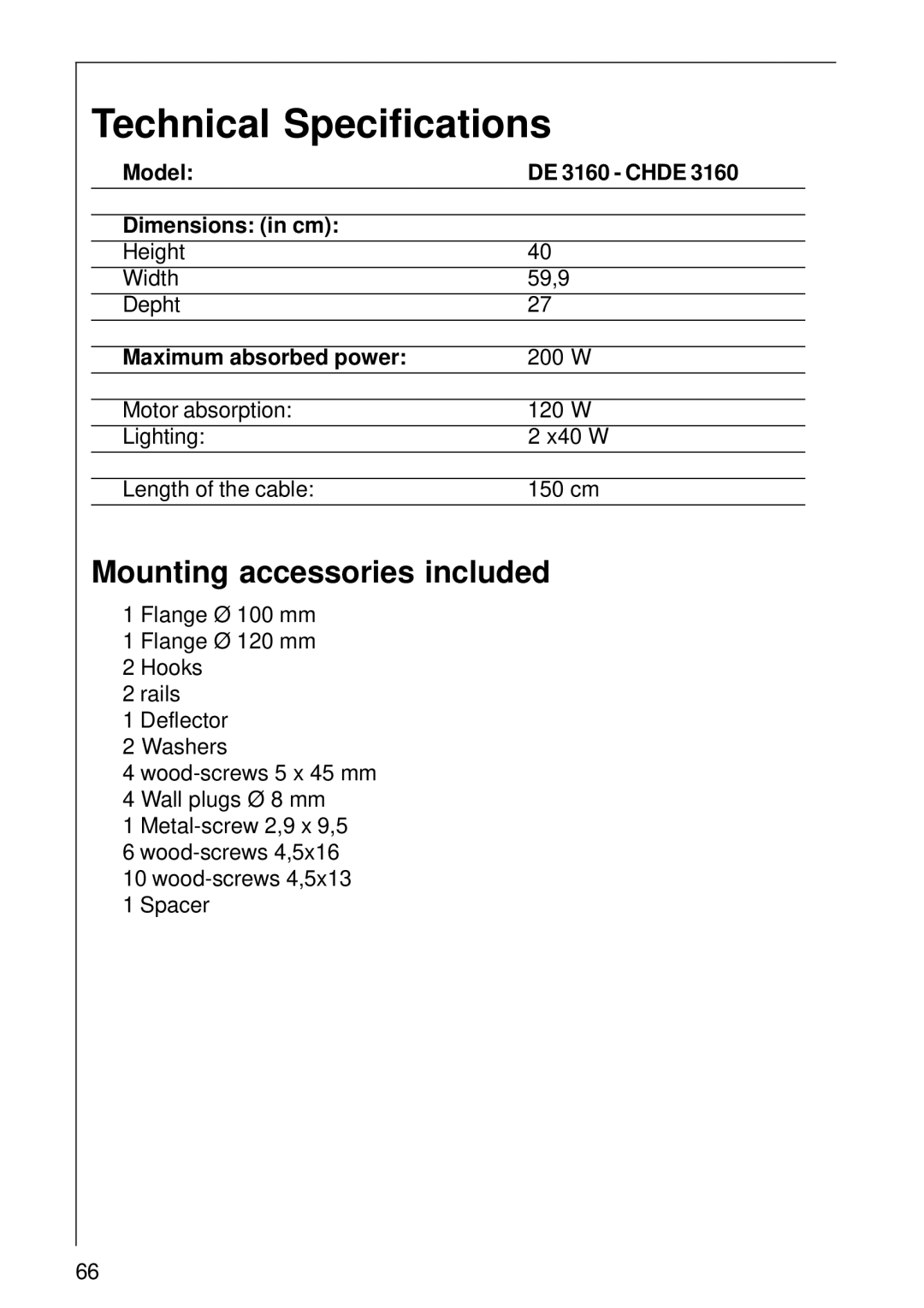 AEG Technical Specifications, Mounting accessories included, Model DE 3160 Chde Dimensions in cm 