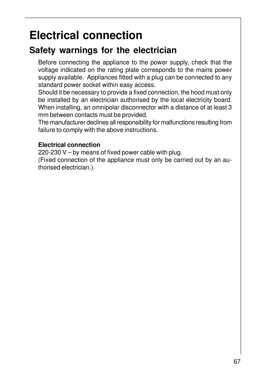 AEG DE 3160 installation instructions Electrical connection, Safety warnings for the electrician 