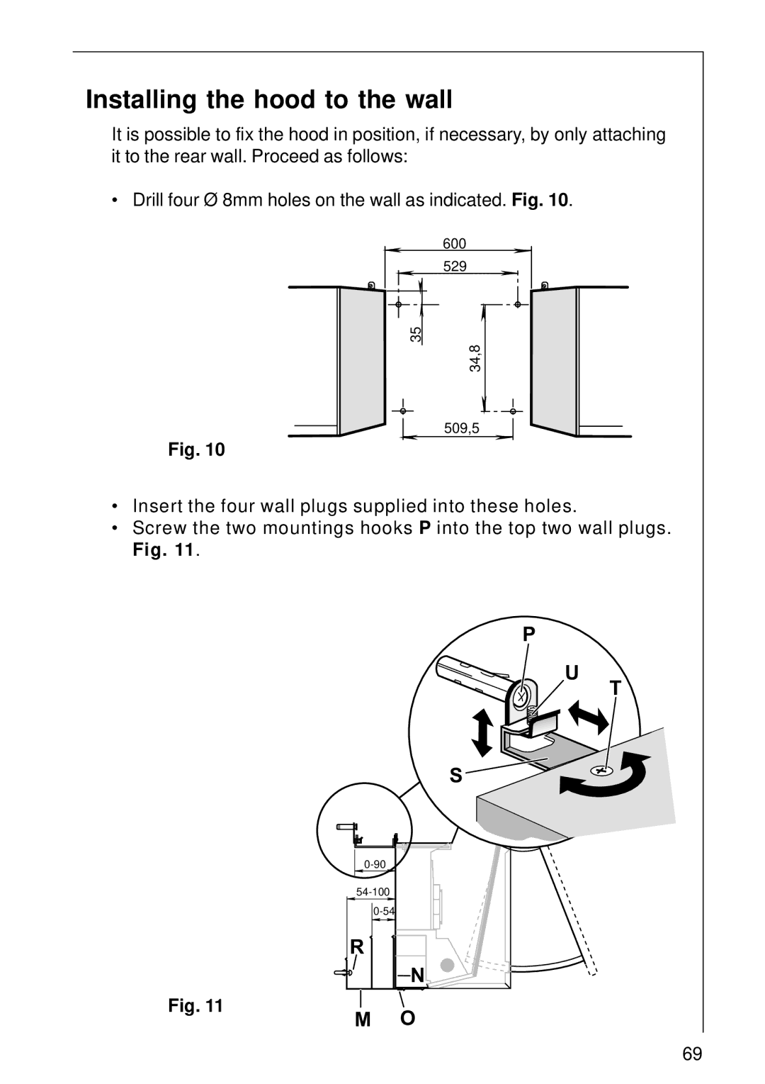 AEG DE 3160 installation instructions Installing the hood to the wall 