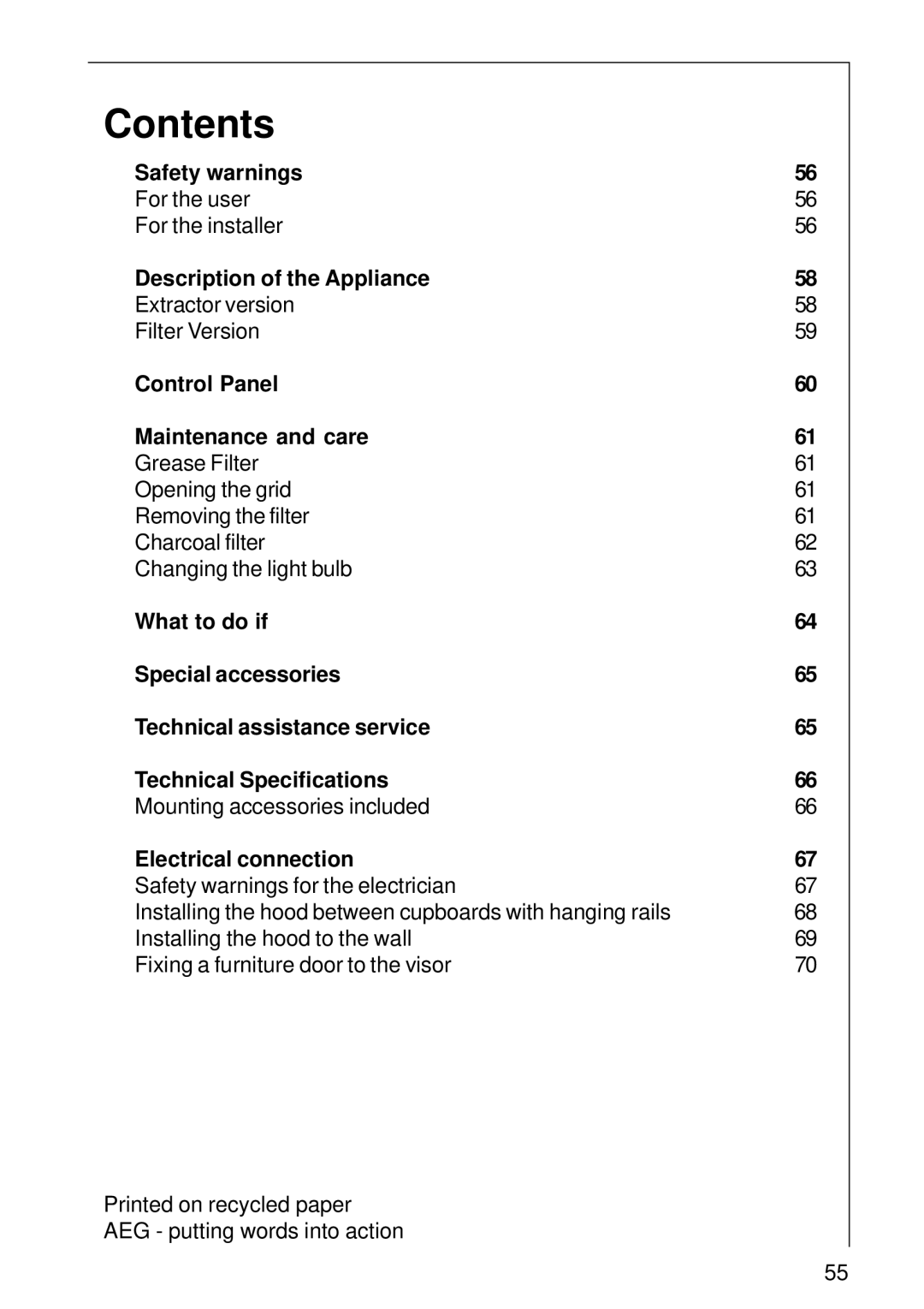 AEG DE 3160 installation instructions Contents 