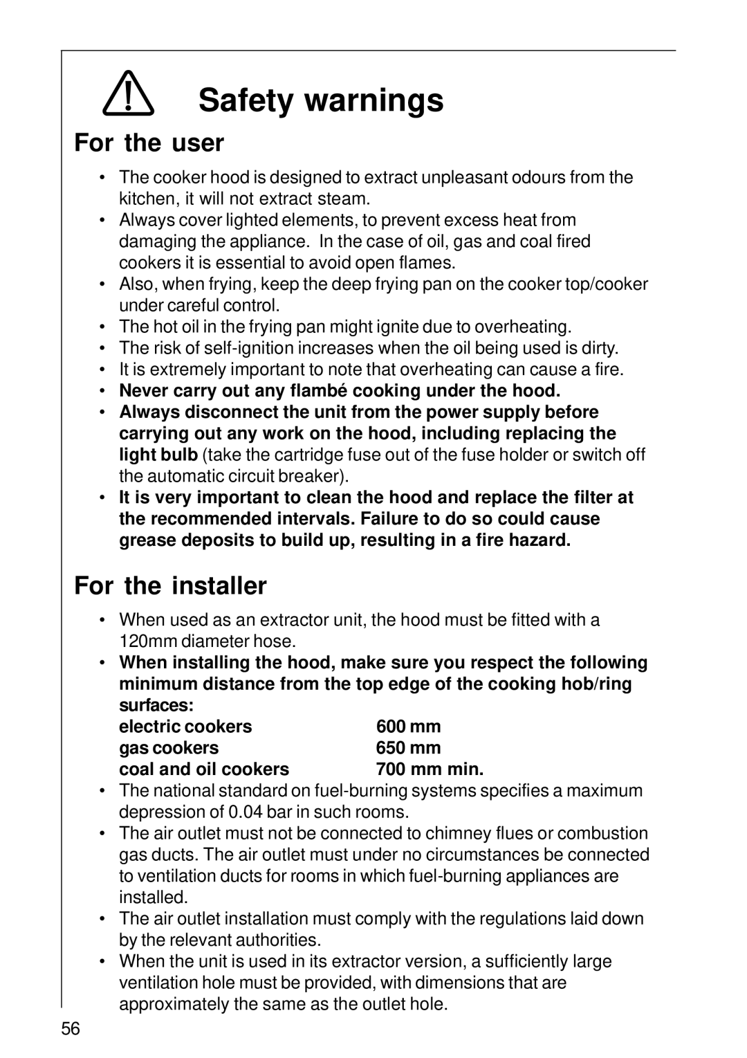 AEG DE 3160 installation instructions Safety warnings, For the user, For the installer 