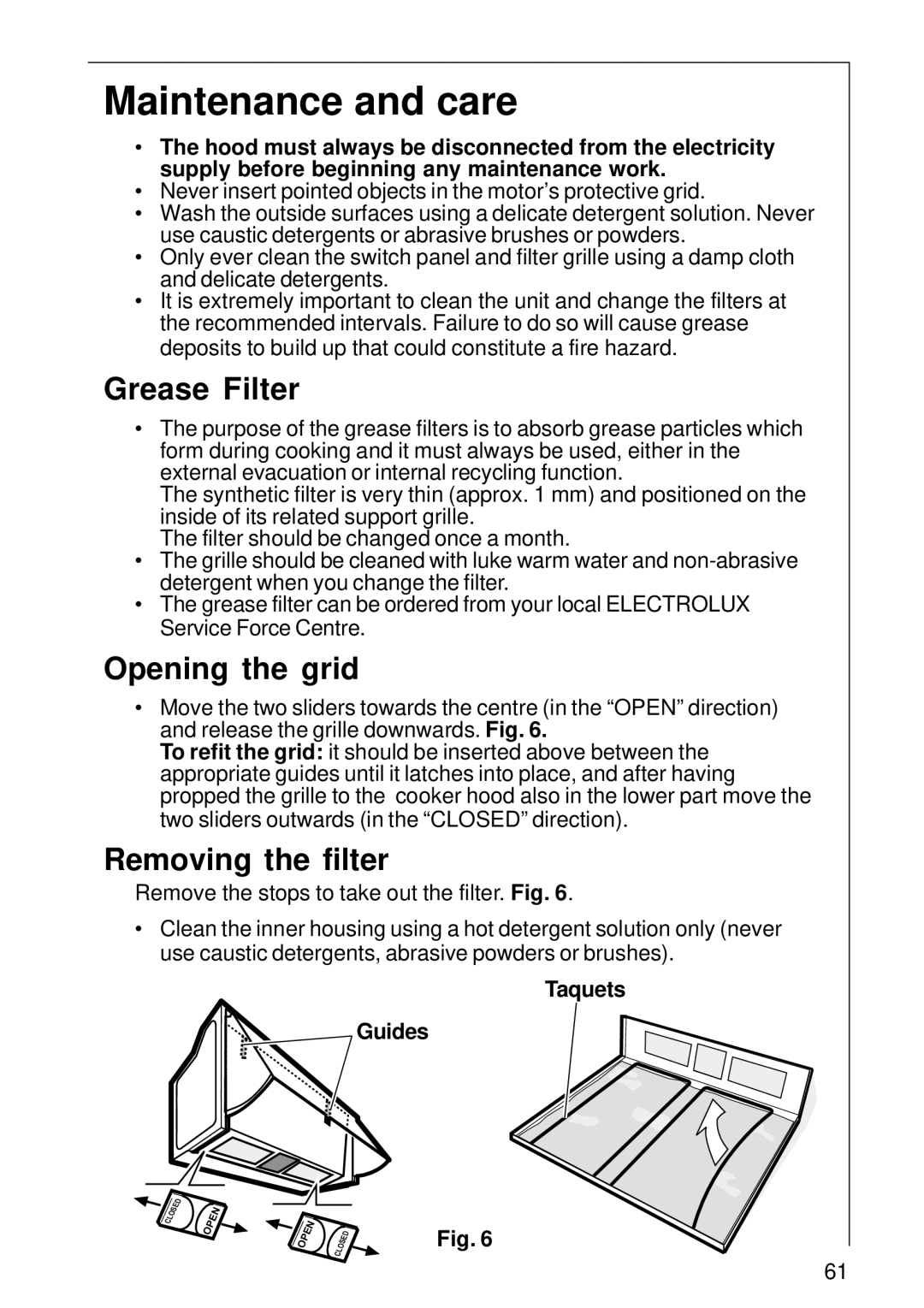 AEG DE 3160 Maintenance and care, Grease Filter, Opening the grid, Removing the filter, Taquets Guides 