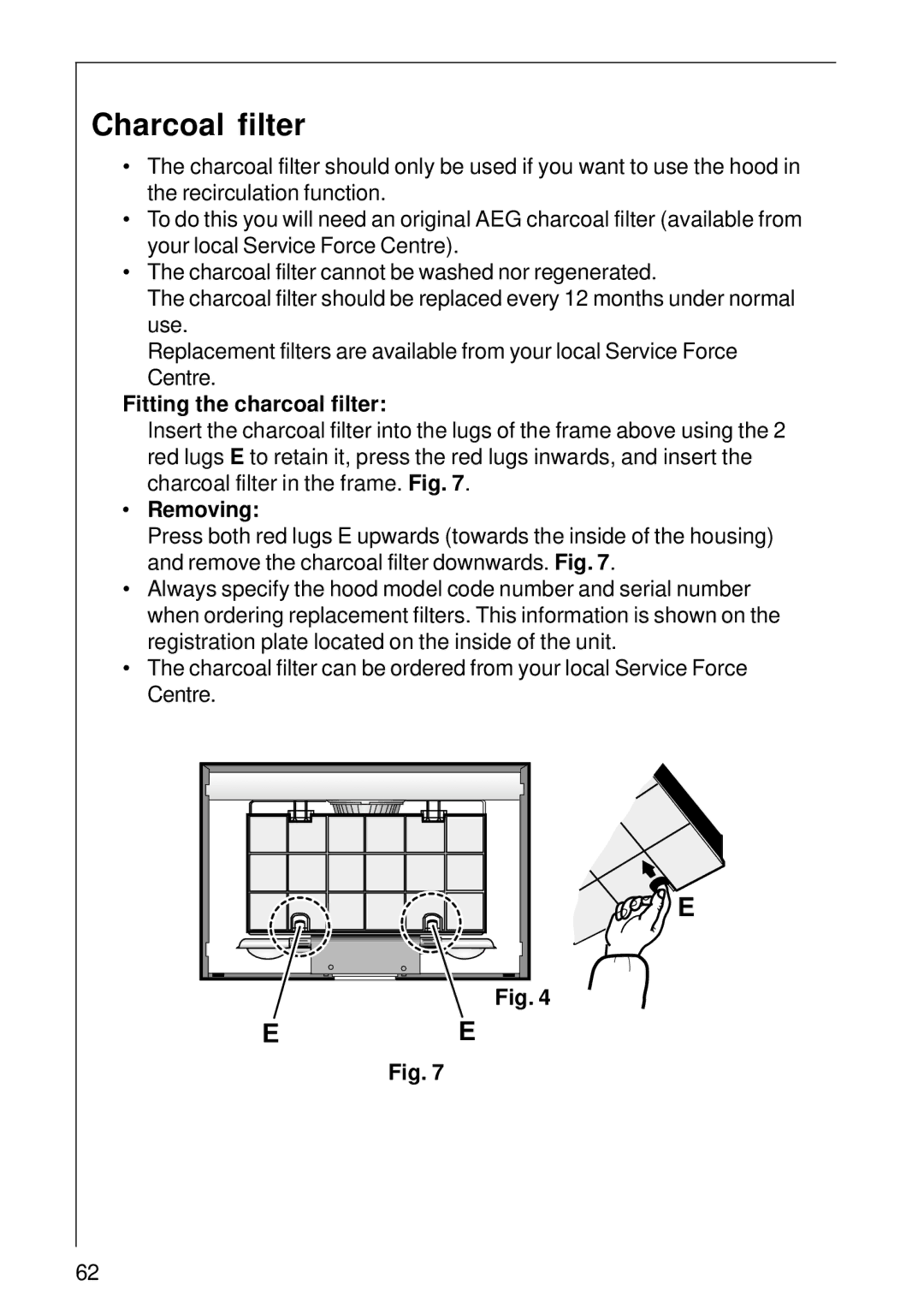 AEG DE 3160 installation instructions Charcoal filter, Fitting the charcoal filter, Removing 