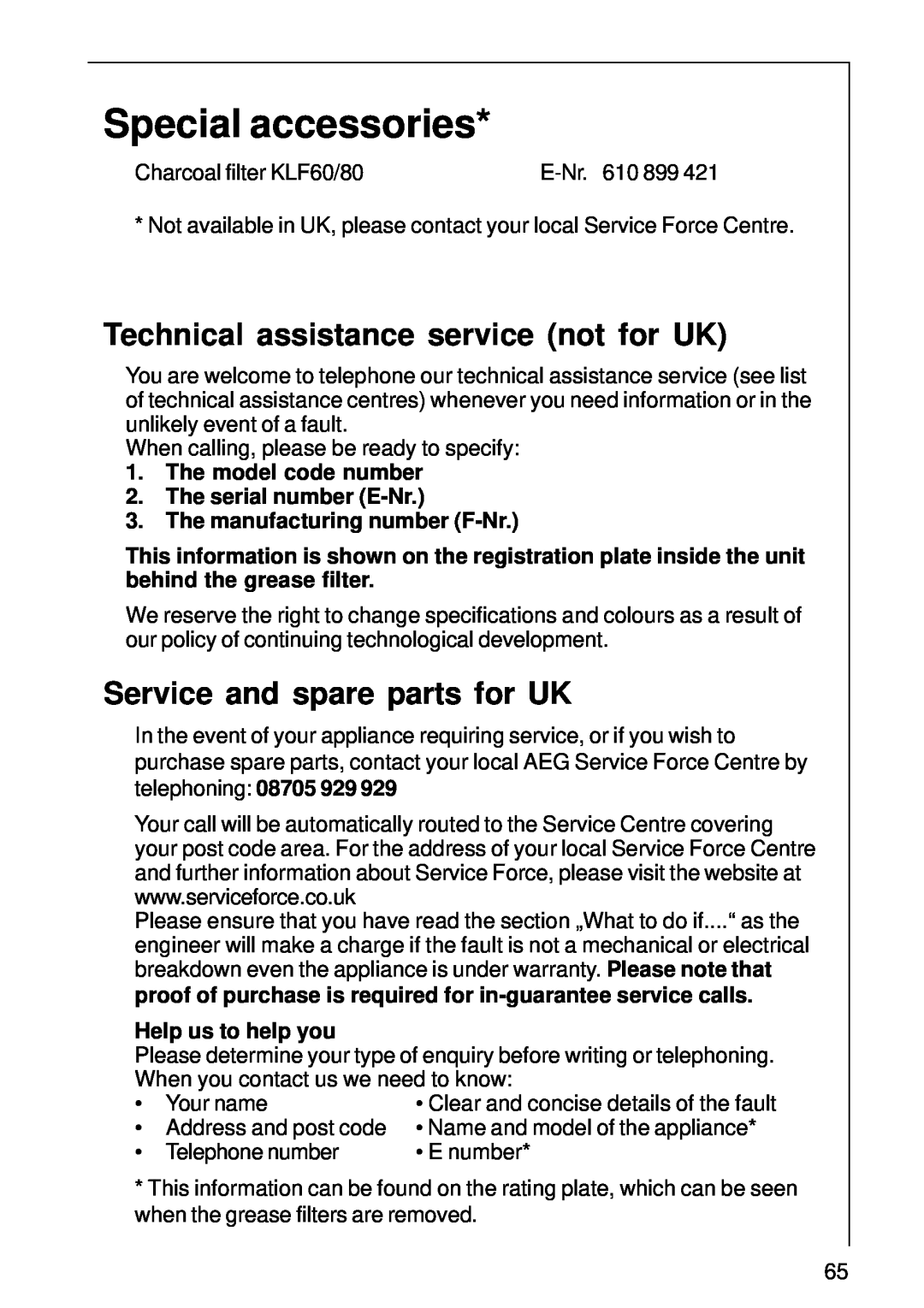 AEG DE 3160 Special accessories, Technical assistance service not for UK, Service and spare parts for UK 
