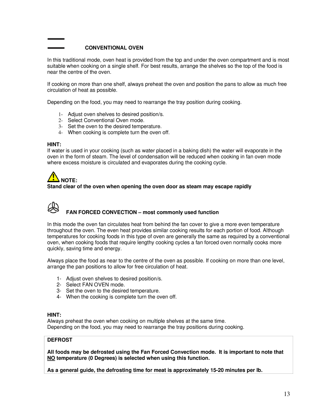 AEG DE076, DEO76 user manual Conventional Oven, Defrost 