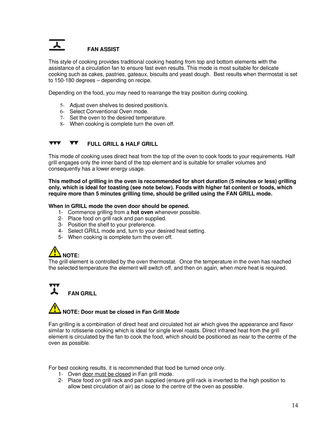 AEG DEO76, DE076 user manual FAN Assist, Full Grill & Half Grill, FAN Grill 