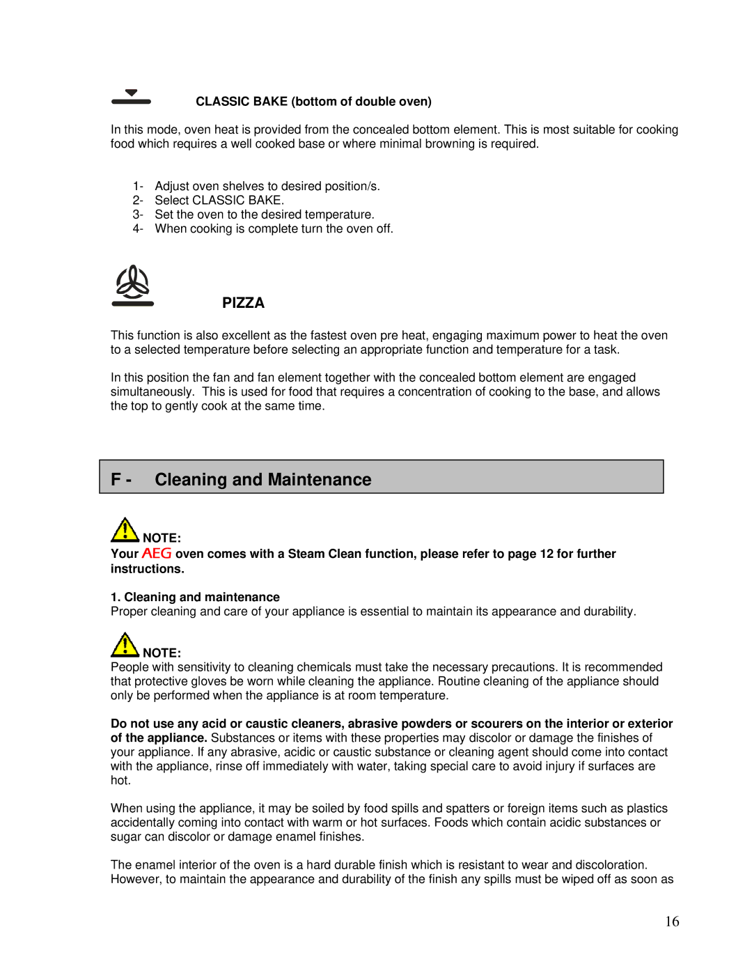 AEG DEO76, DE076 user manual Cleaning and Maintenance, Classic Bake bottom of double oven 