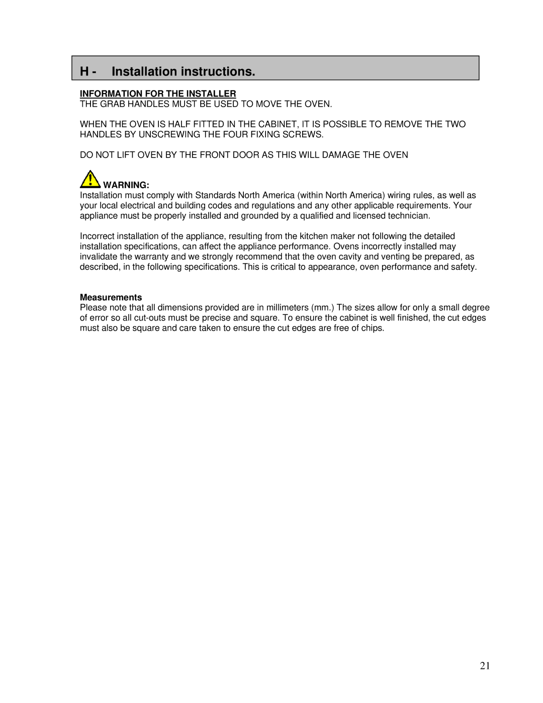 AEG DE076, DEO76 user manual Installation instructions, Information for the Installer, Measurements 