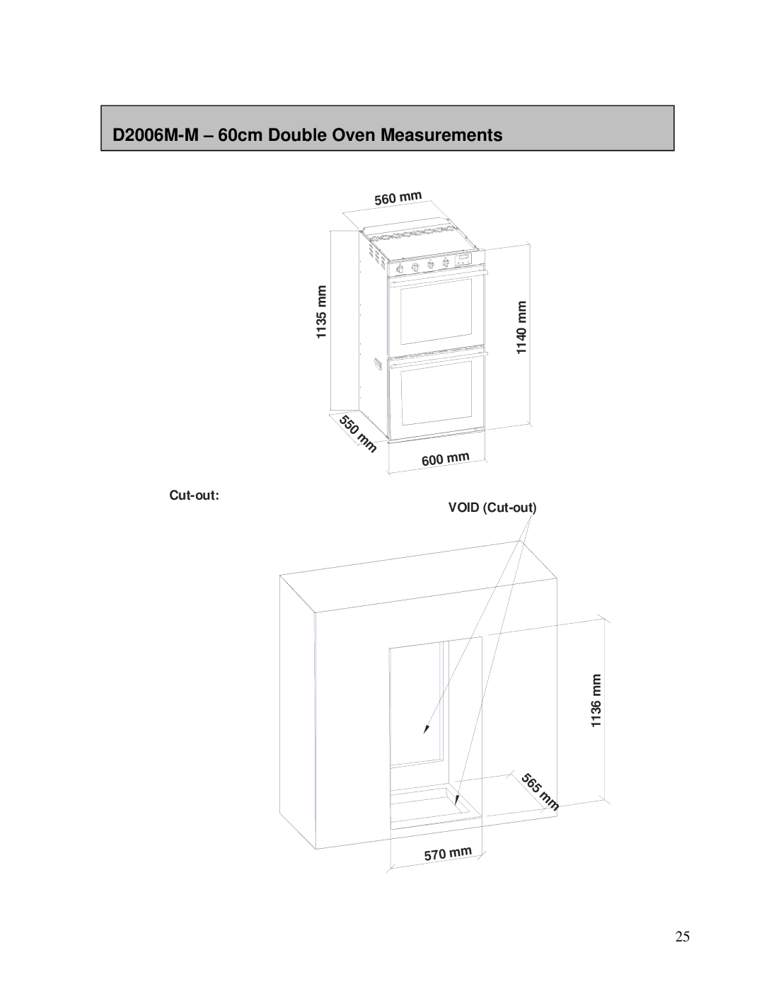 AEG DE076, DEO76 user manual 5 m m, D2006M-M 60cm Double Oven Measurements 