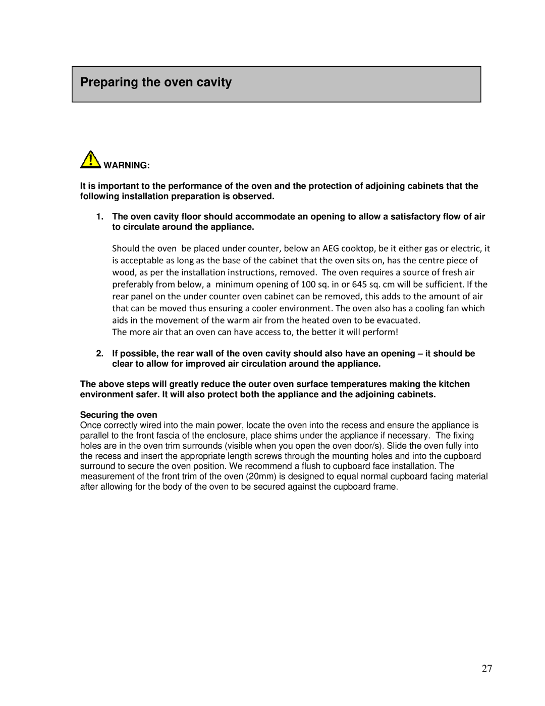 AEG DE076, DEO76 user manual Preparing the oven cavity 