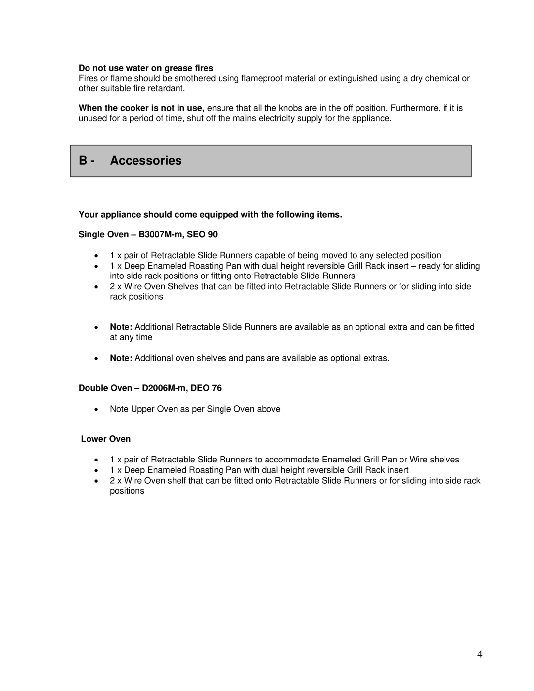 AEG DEO76, DE076 user manual Accessories, Do not use water on grease fires, Double Oven D2006M-m, DEO, Lower Oven 