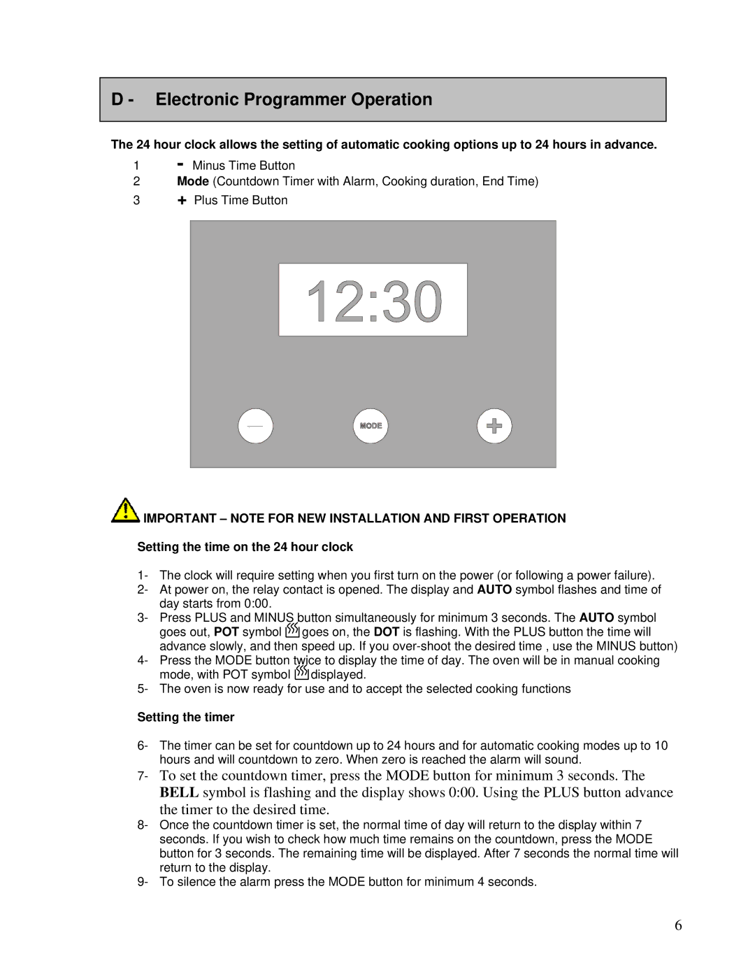 AEG DEO76 Electronic Programmer Operation, Important Note for NEW Installation and First Operation, Setting the timer 