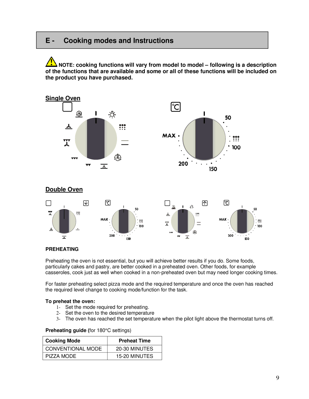 AEG DE076, DEO76 user manual Cooking modes and Instructions, Preheating, To preheat the oven, Cooking Mode Preheat Time 