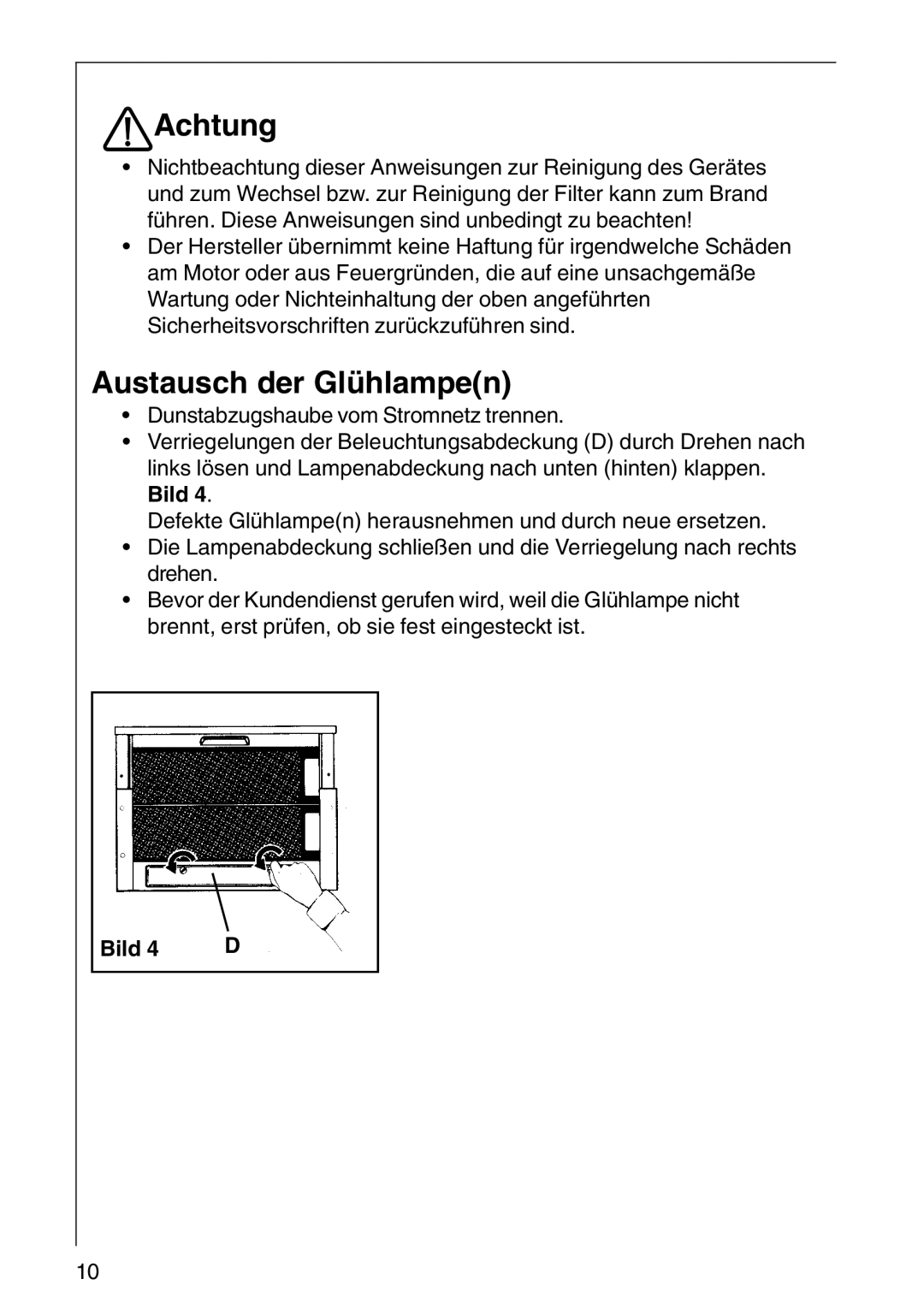 AEG CHDF 6260, DF 6160, DF6260-ML/1 installation instructions Achtung, Austausch der Glühlampen 