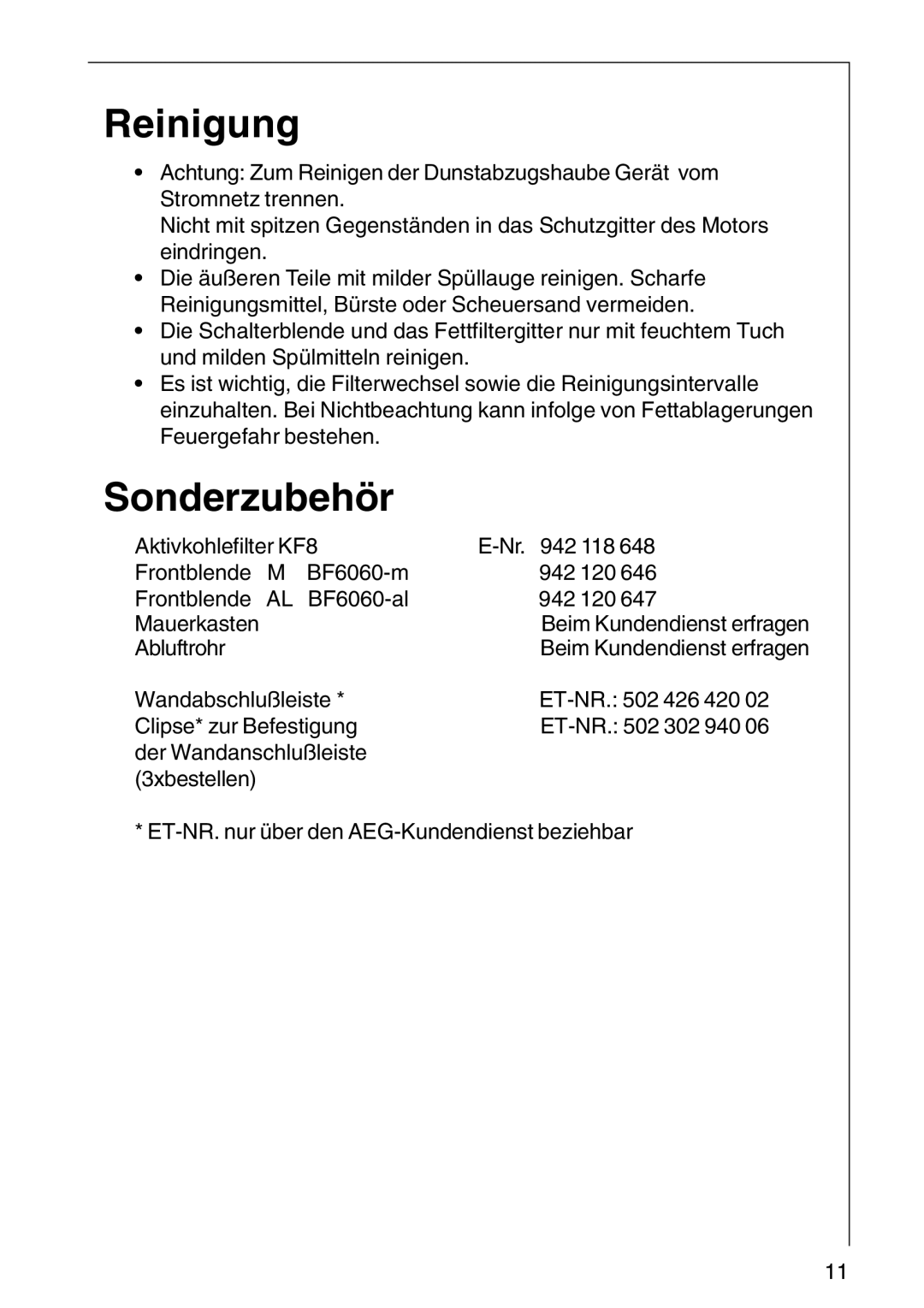 AEG DF6260-ML/1, DF 6160, CHDF 6260 installation instructions Reinigung, Sonderzubehör 