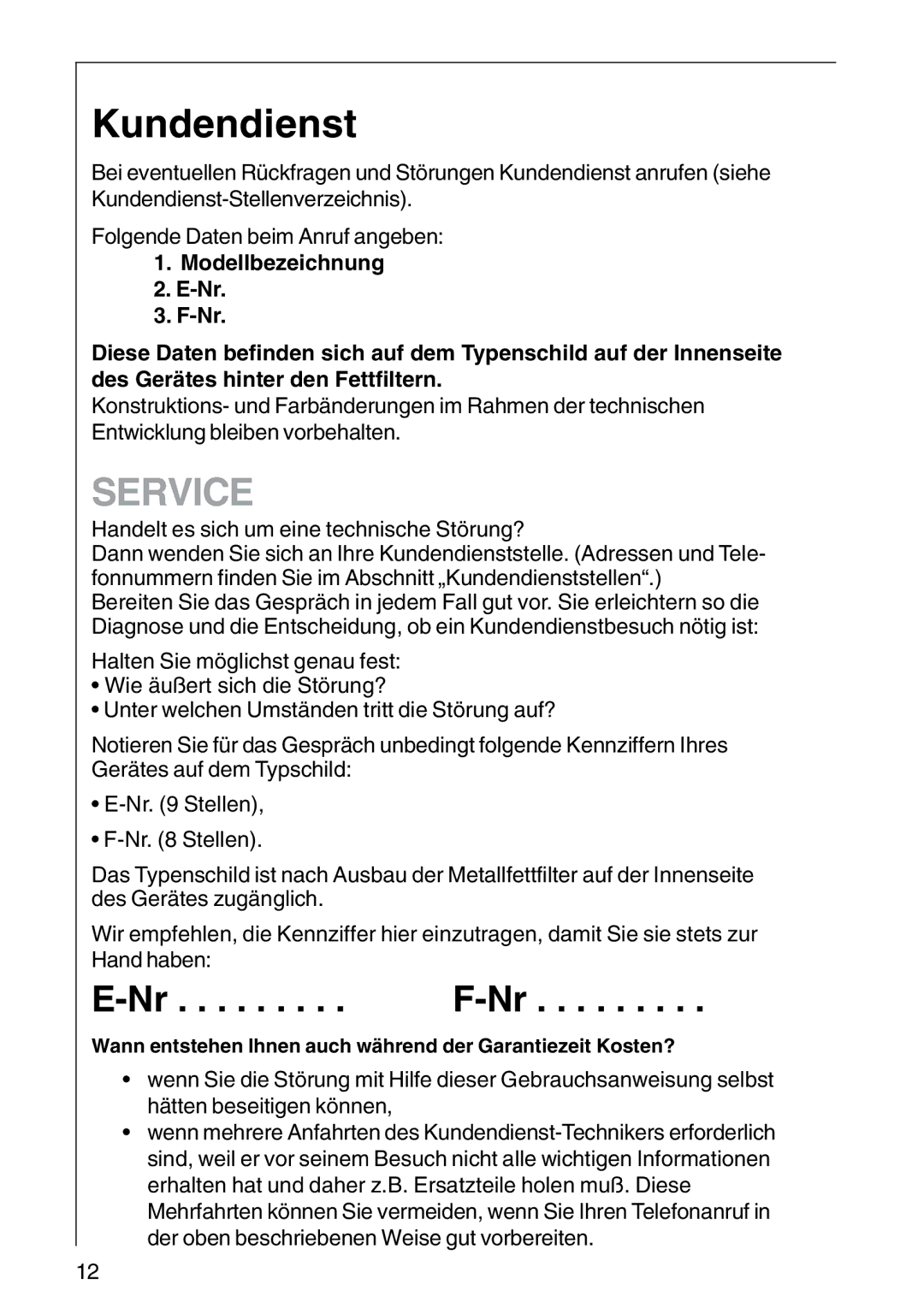 AEG DF 6160, CHDF 6260, DF6260-ML/1 installation instructions Kundendienst, Service 