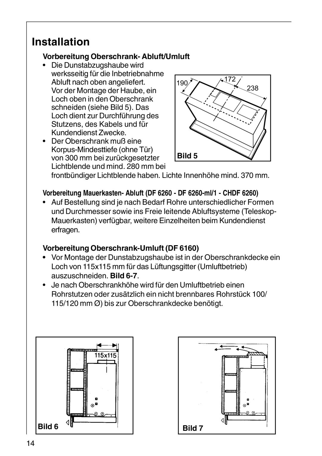 AEG CHDF 6260, DF 6160 Installation, Vorbereitung Oberschrank- Abluft/Umluft, Vorbereitung Oberschrank-Umluft DF 