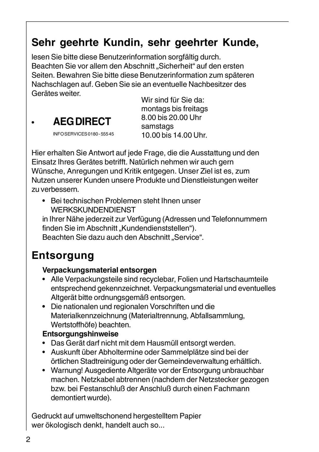 AEG CHDF 6260, DF 6160 Sehr geehrte Kundin, sehr geehrter Kunde, Verpackungsmaterial entsorgen, Entsorgungshinweise 