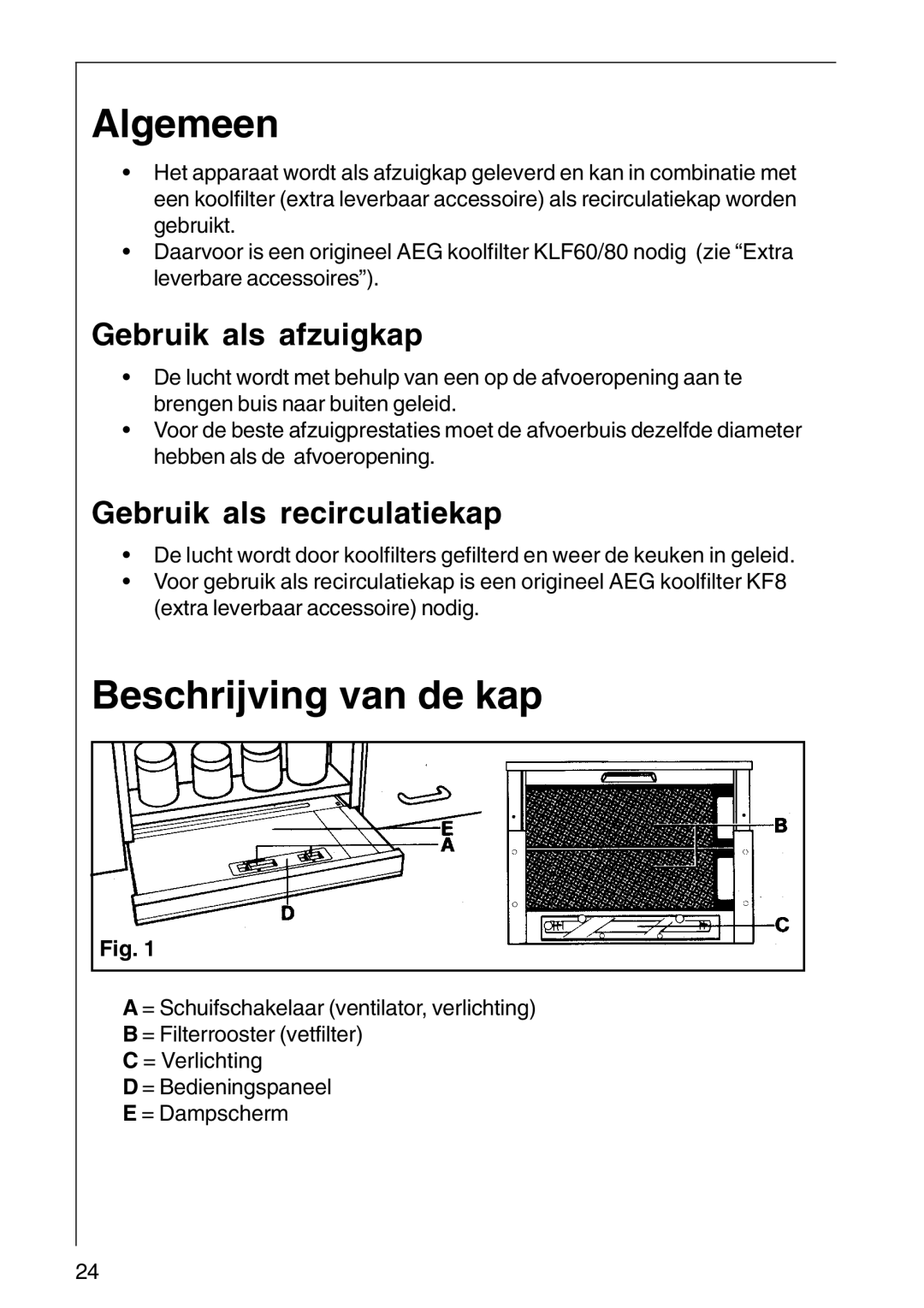 AEG DF 6160, CHDF 6260 Algemeen, Beschrijving van de kap, Gebruik als afzuigkap, Gebruik als recirculatiekap 