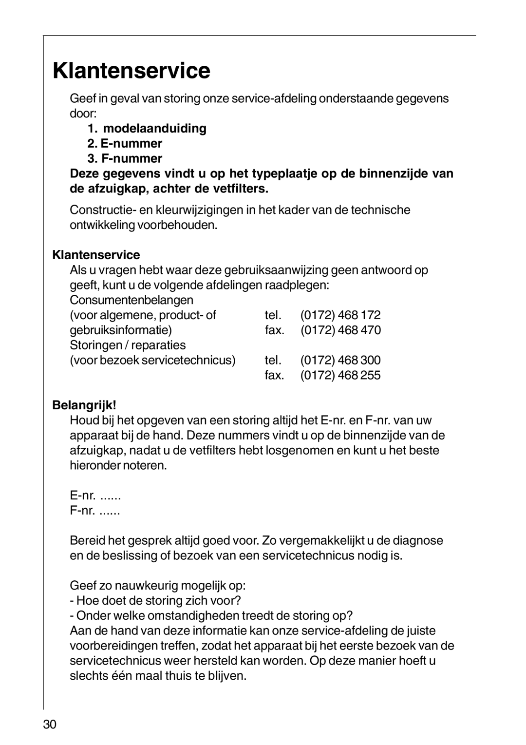 AEG CHDF 6260, DF 6160, DF6260-ML/1 installation instructions Klantenservice, Belangrijk 