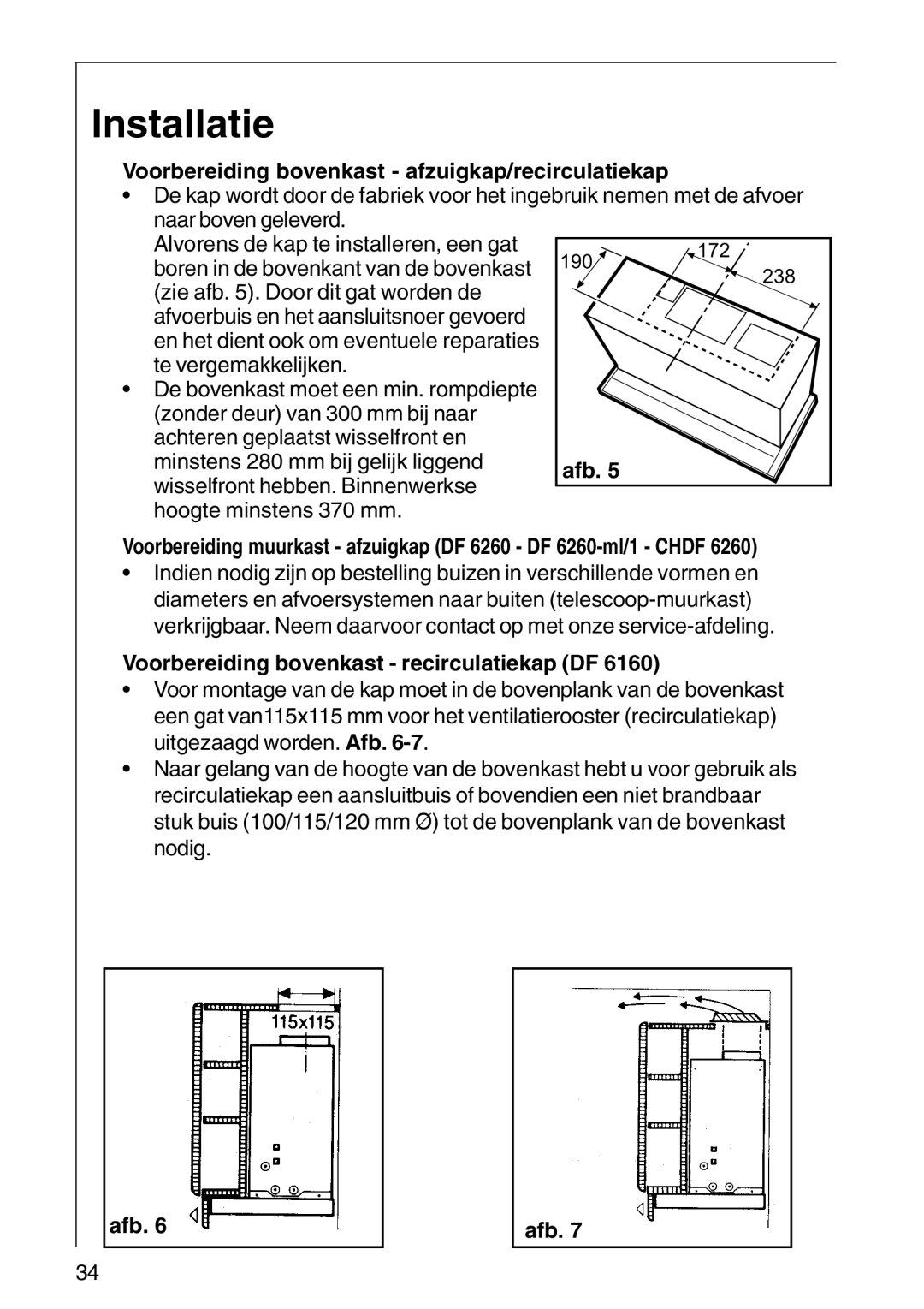 AEG CHDF 6260 Installatie, Voorbereiding bovenkast afzuigkap/recirculatiekap, Voorbereiding bovenkast recirculatiekap DF 