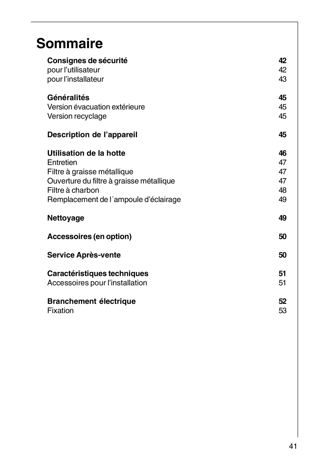 AEG DF 6260, DF 6160 Sommaire, Consignes de sécurité, Généralités, Description de l’appareil Utilisation de la hotte 