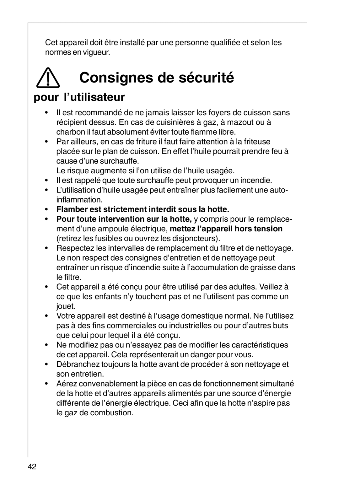 AEG CHDF 6260, DF 6160, DF6260-ML/1 installation instructions Consignes de sécurité, Pour l’utilisateur 