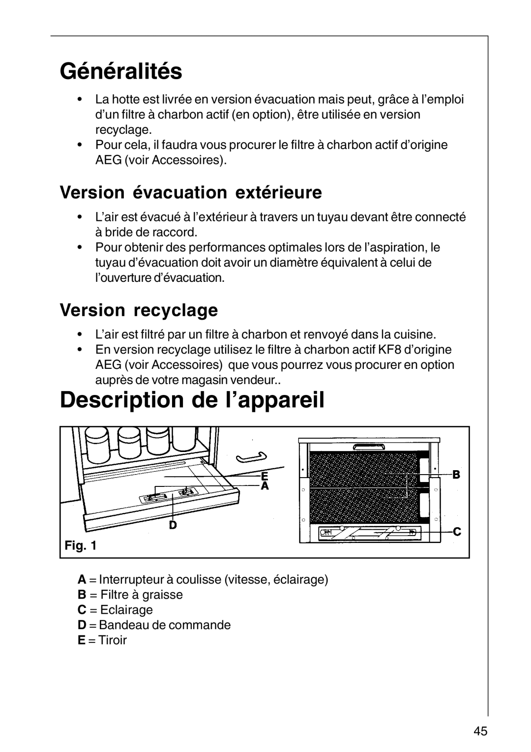 AEG DF 6160, CHDF 6260 Généralités, Description de l’appareil, Version évacuation extérieure, Version recyclage 