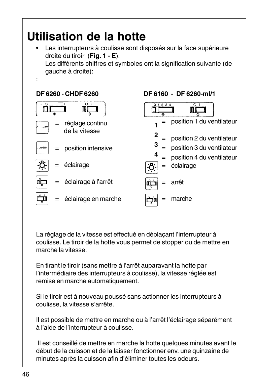 AEG CHDF 6260, DF 6160, DF6260-ML/1 installation instructions Utilisation de la hotte, DF 6260 Chdf 