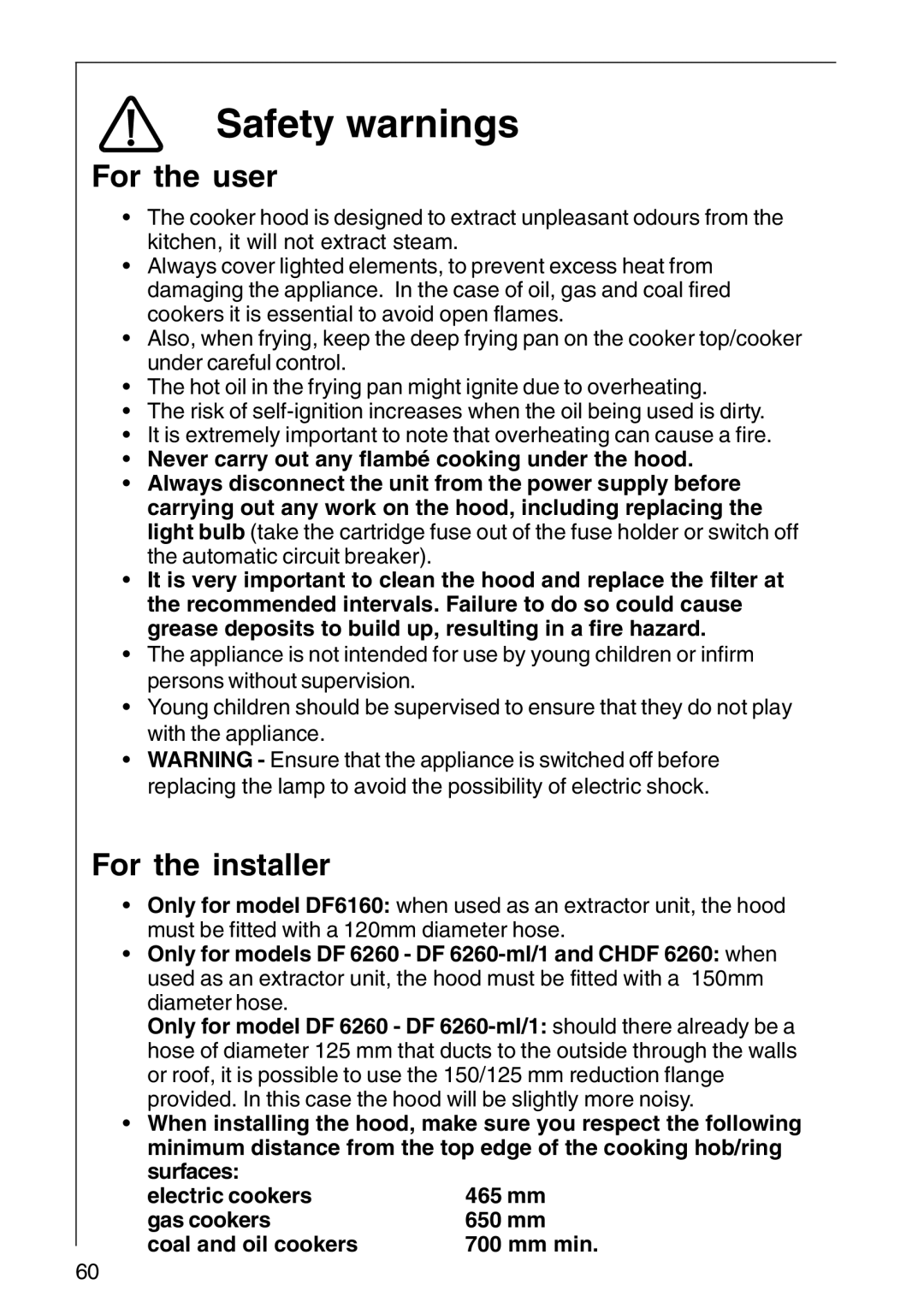 AEG DF 6160, CHDF 6260, DF6260-ML/1 installation instructions Safety warnings, For the user, For the installer 