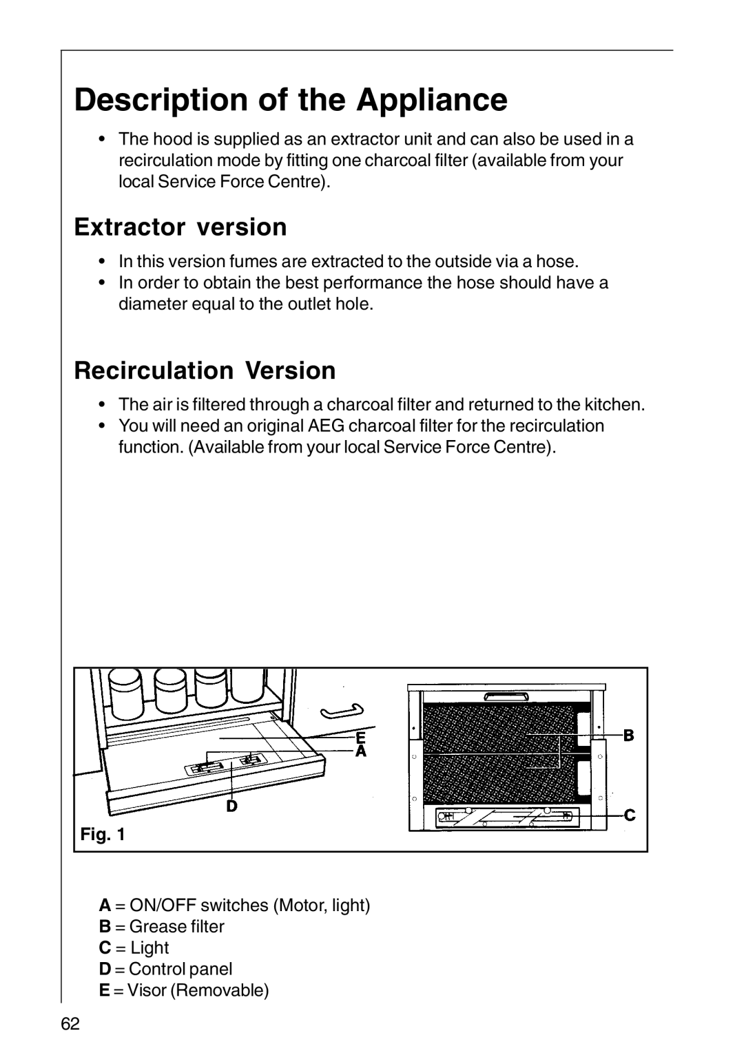 AEG CHDF 6260, DF 6160, DF6260-ML/1 Description of the Appliance, Extractor version, Recirculation Version 