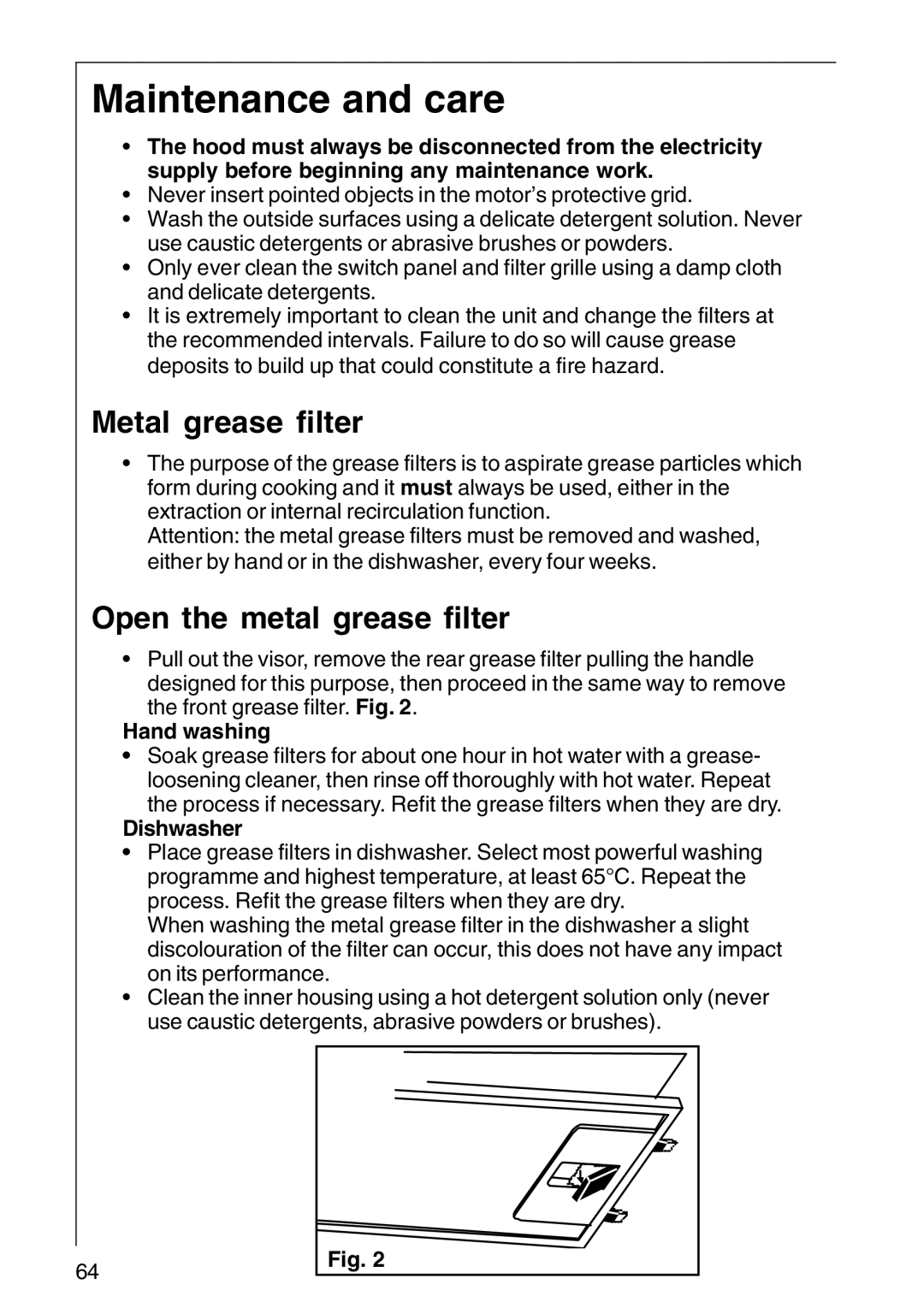 AEG DF 6160, DF 6260 Maintenance and care, Metal grease filter, Open the metal grease filter, Hand washing, Dishwasher 