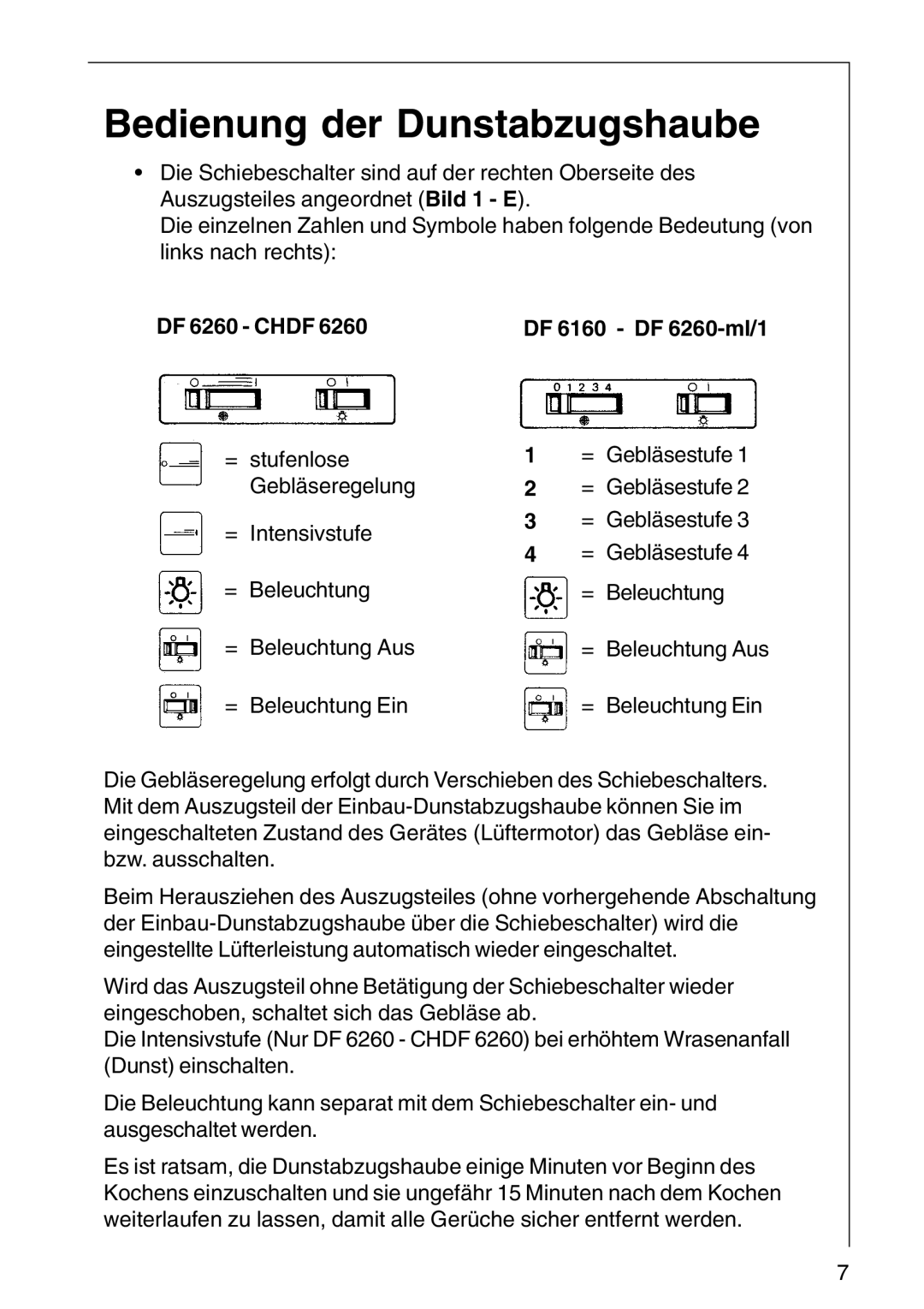 AEG DF6260-ML/1, CHDF 6260 installation instructions Bedienung der Dunstabzugshaube, DF 6260 Chdf DF 6160 DF 6260-ml/1 