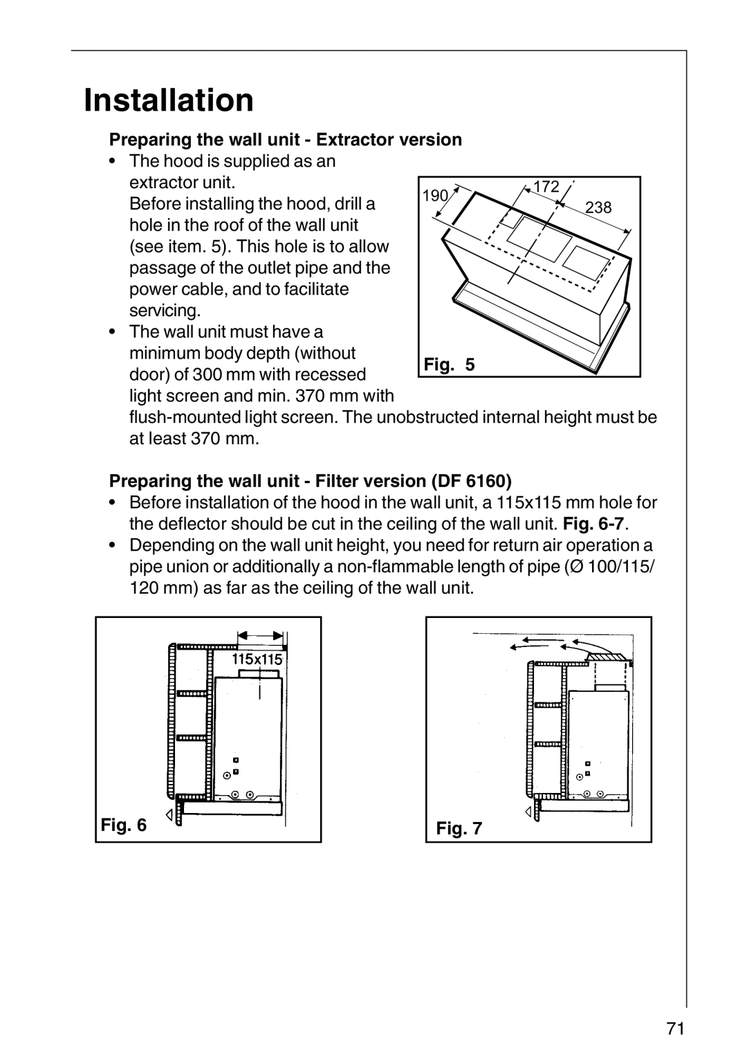 AEG DF6260-ML/1 Installation, Preparing the wall unit Extractor version, Preparing the wall unit Filter version DF 