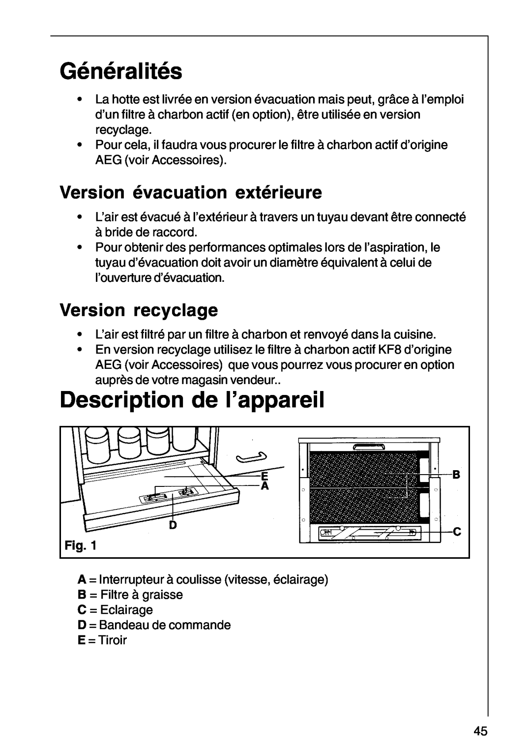 AEG DF 6160, CHDF 6260 Généralités, Description de l’appareil, Version évacuation extérieure, Version recyclage 