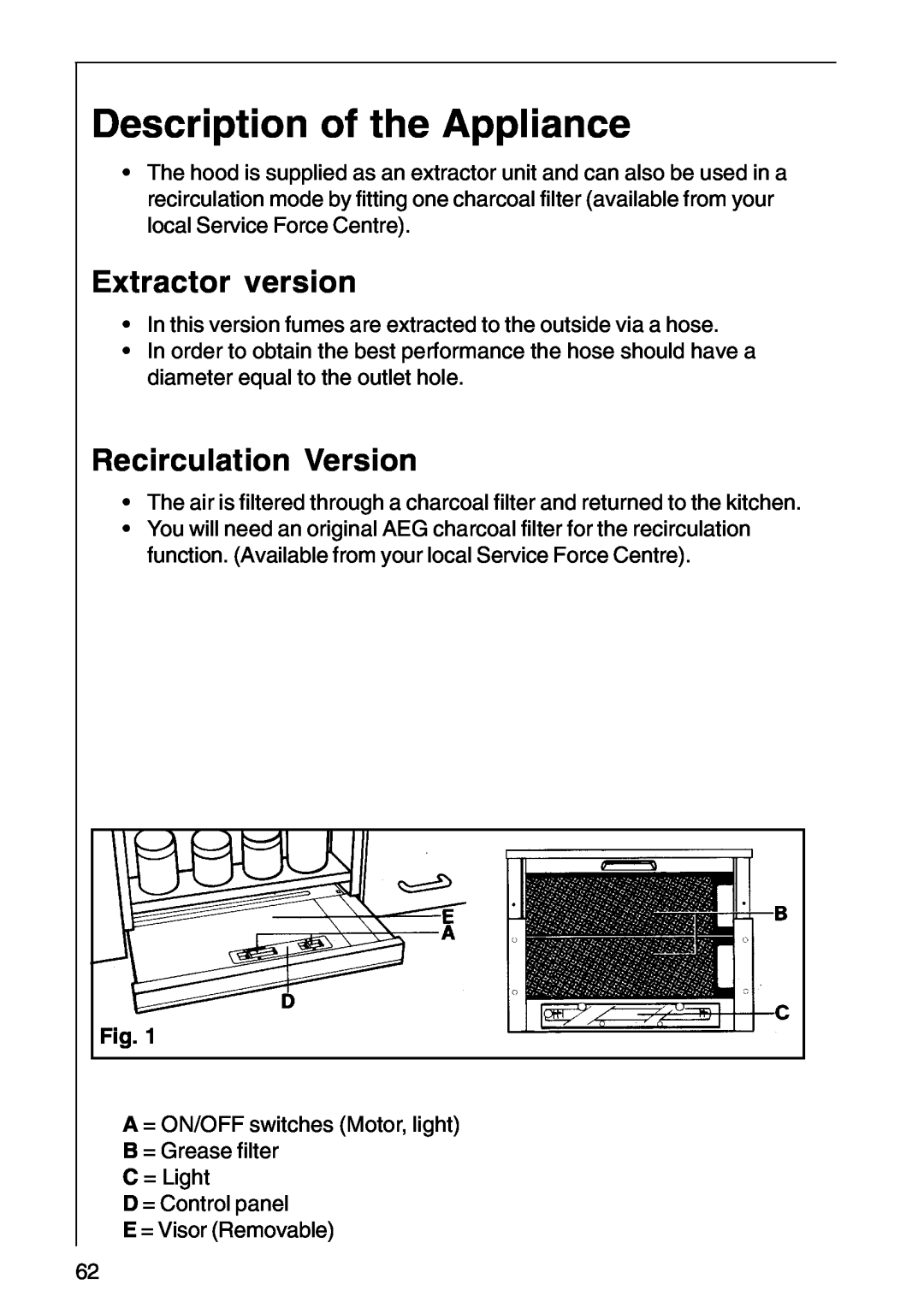 AEG CHDF 6260, DF 6160, DF6260-ML/1 Description of the Appliance, Extractor version, Recirculation Version 