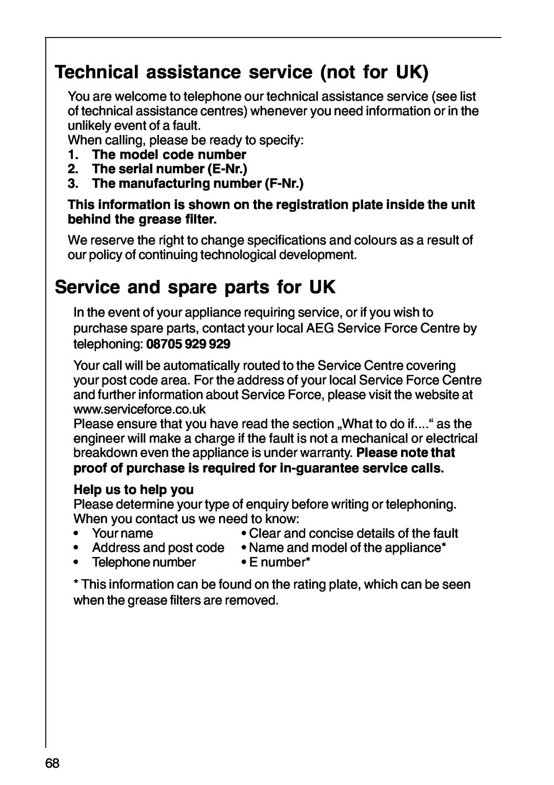 AEG DF 6160 Technical assistance service not for UK, Service and spare parts for UK, The manufacturing number F-Nr 