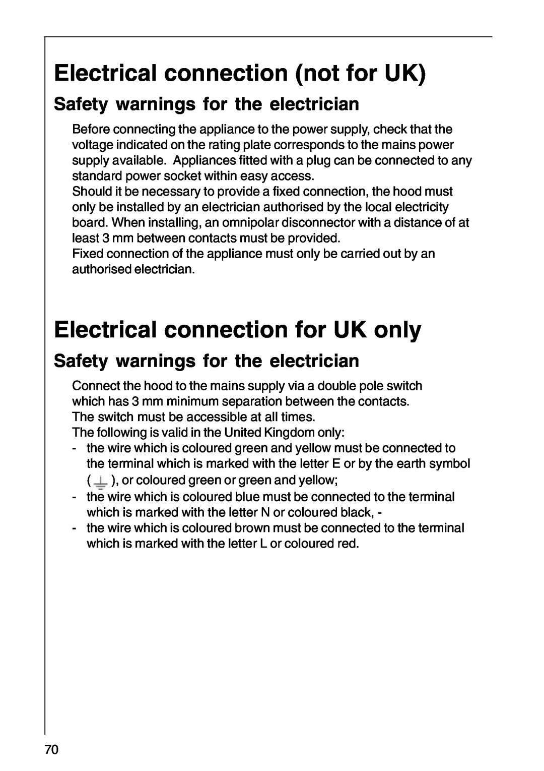 AEG CHDF 6260 Electrical connection not for UK, Electrical connection for UK only, Safety warnings for the electrician 