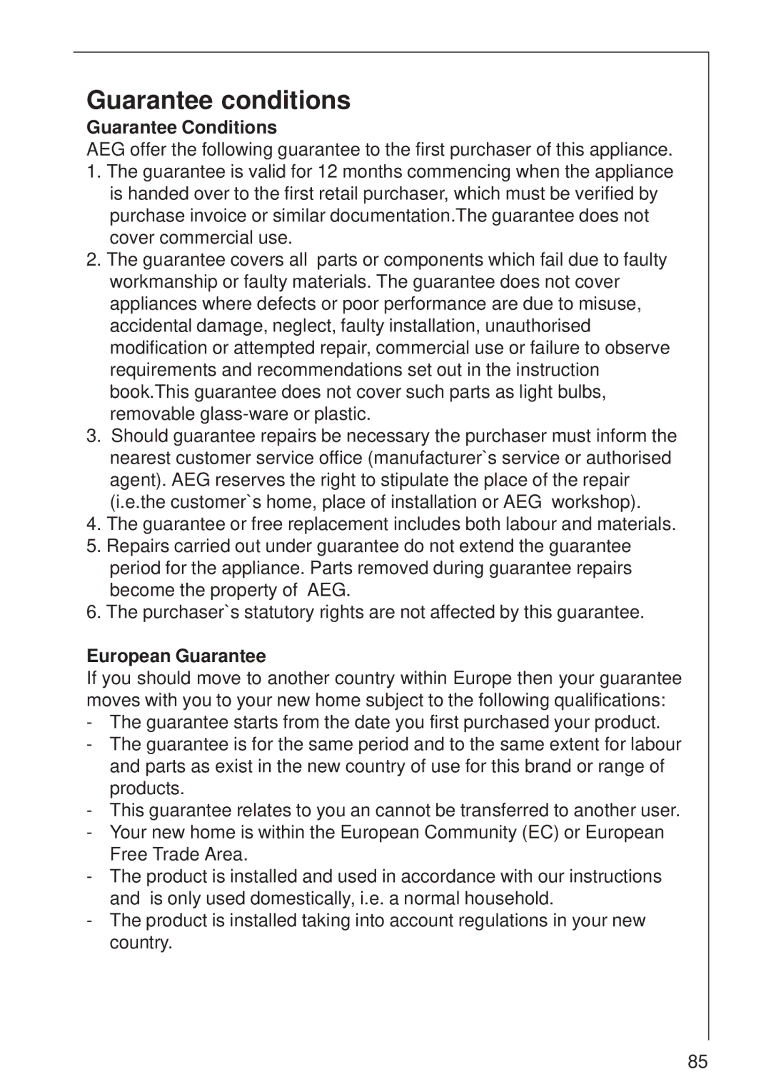 AEG DI 8610 manual Guarantee conditions, European Guarantee 