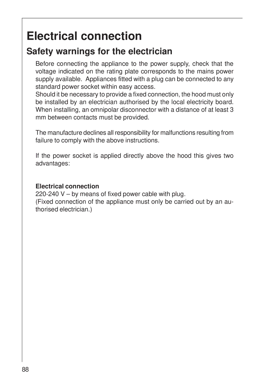 AEG DI 8610 manual Electrical connection, Safety warnings for the electrician 