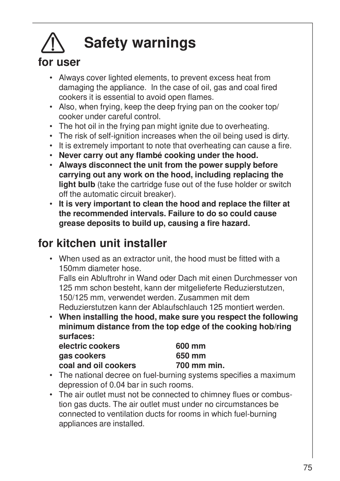 AEG DI 8610 manual Safety warnings, For user, For kitchen unit installer 