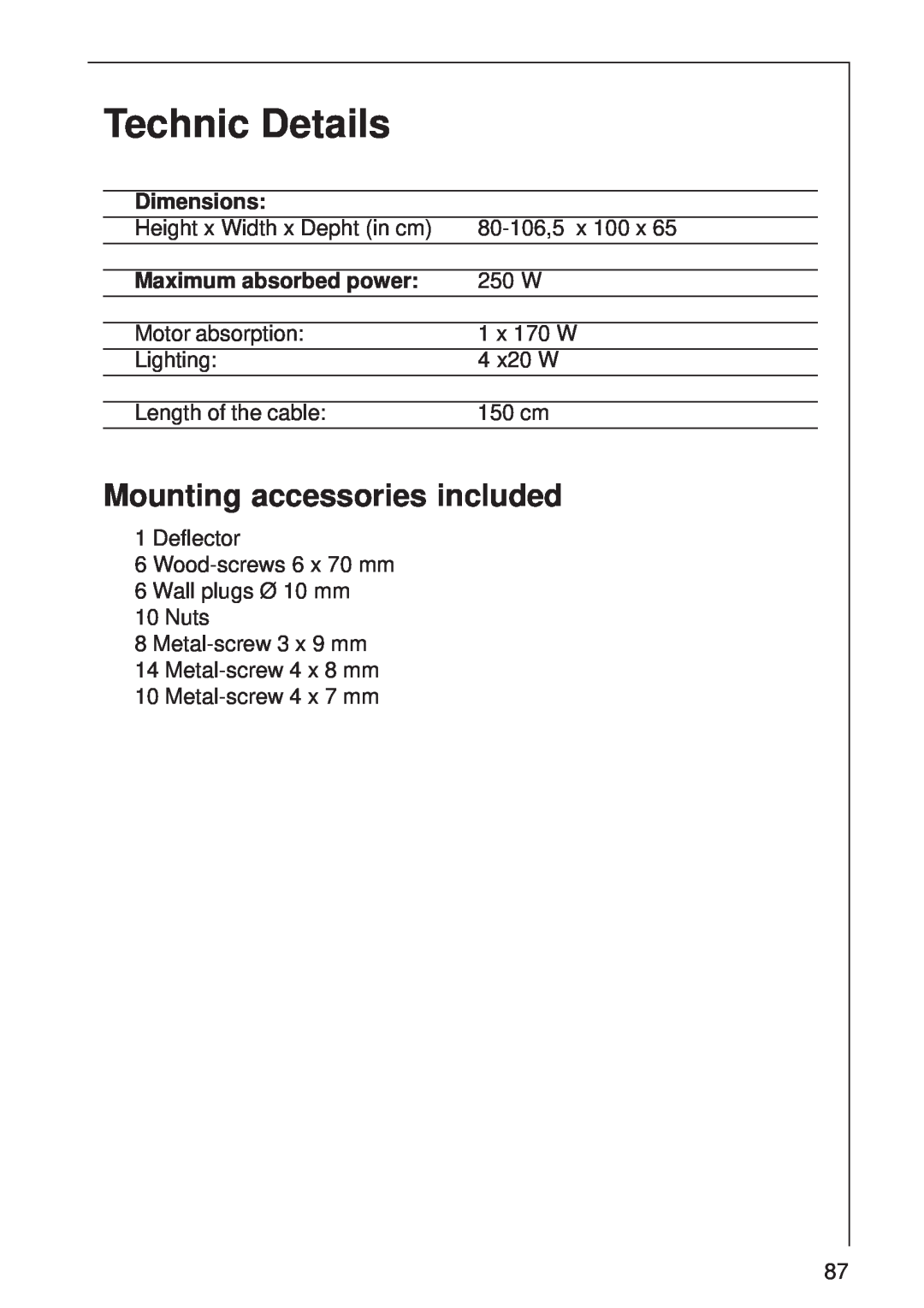 AEG DI 8610 manual Technic Details, Mounting accessories included 