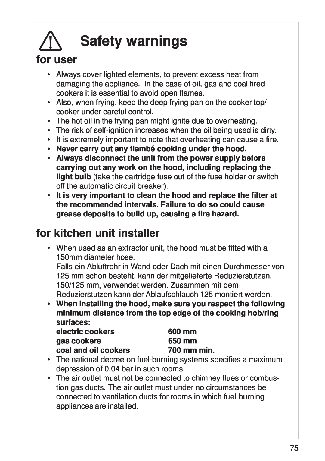 AEG DI 8610 manual Safety warnings, for user, for kitchen unit installer 