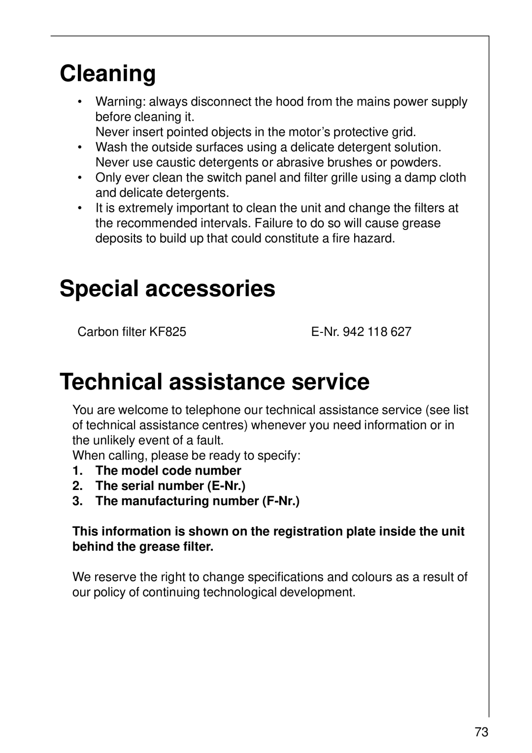 AEG DK 1160, DK 1190 installation instructions Cleaning, Special accessories, Technical assistance service 