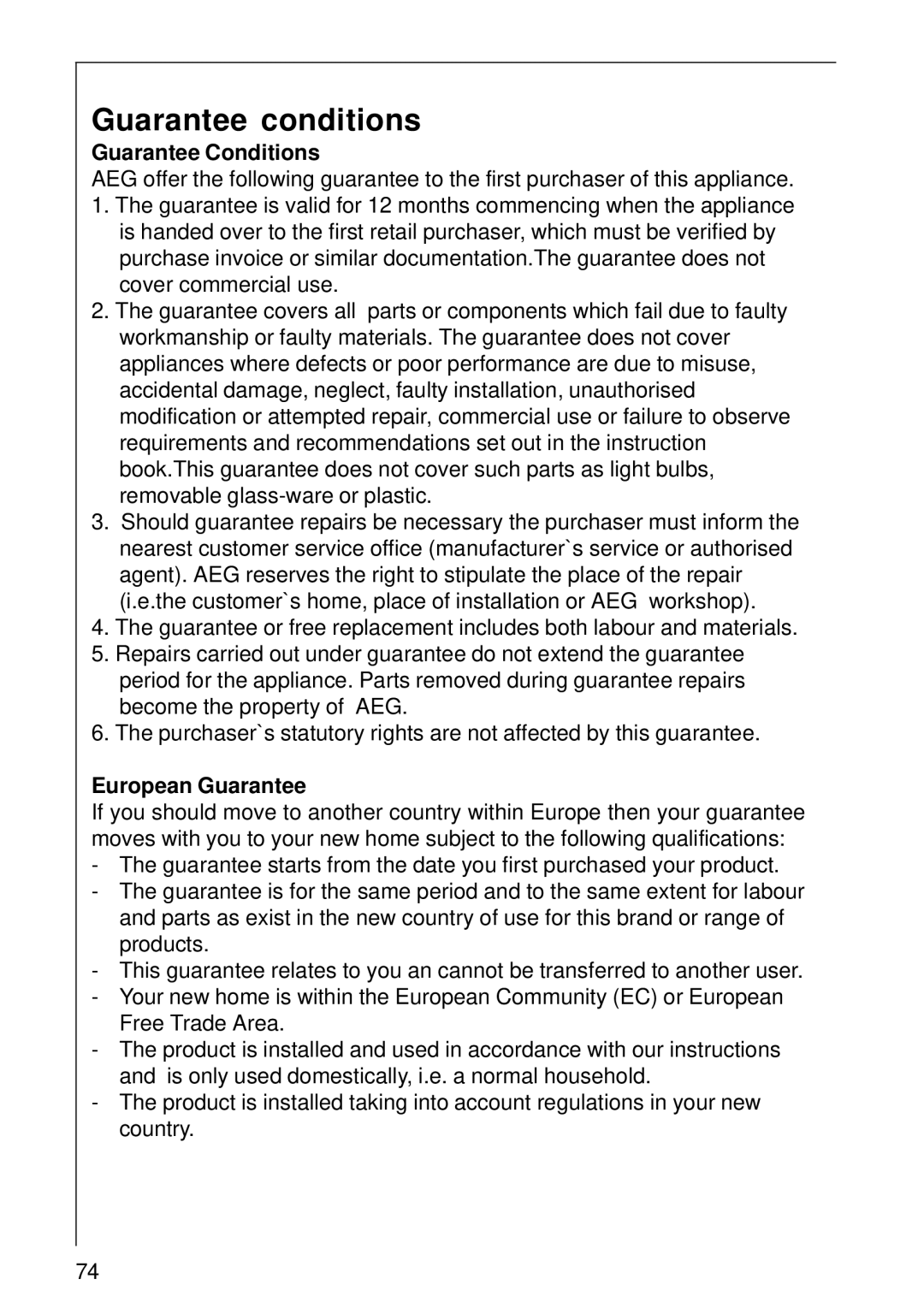 AEG DK 1190, DK 1160 installation instructions Guarantee conditions, European Guarantee 